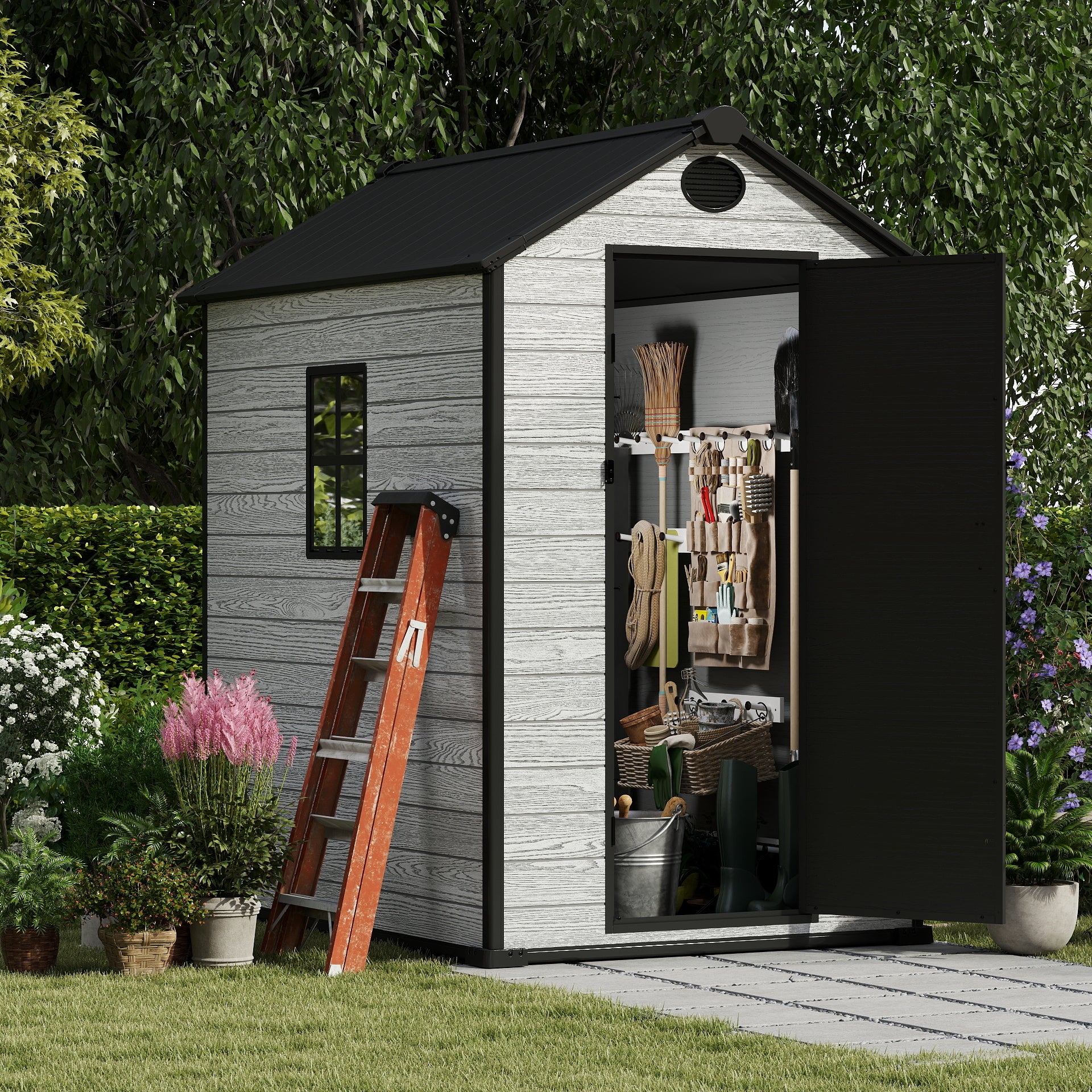 EHHLY 4x6 FT Resin Outdoor Storage Shed, 230 Cuft Garden Tool Sheds & Outdoor Storage Plastic Shed with Floor, 7FT Tall Backyard Outside Lawn Mower Storage Shed with Side Window, Cemented Grey Black