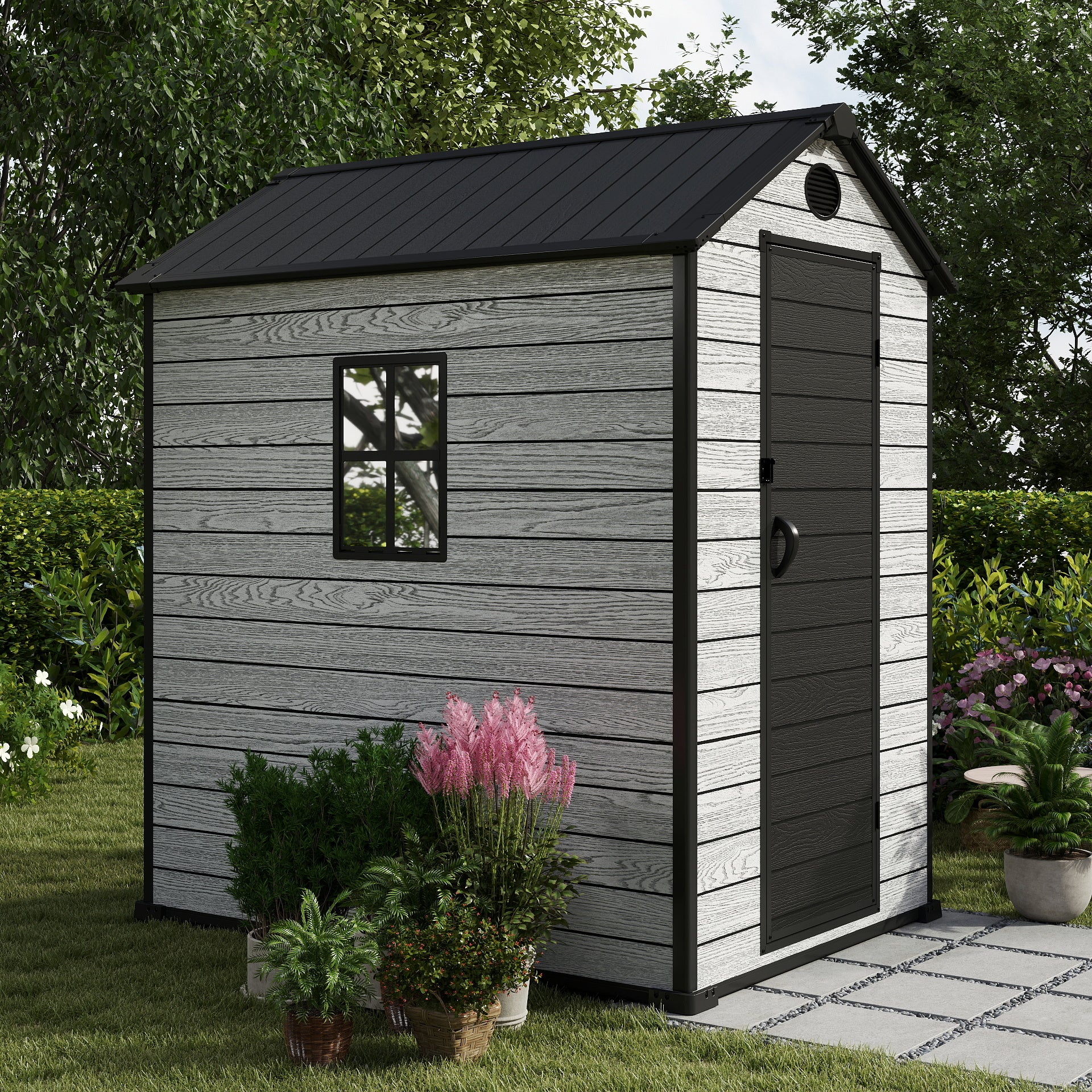 EHHLY 4x6 FT Resin Outdoor Storage Shed, 230 Cuft Garden Tool Sheds & Outdoor Storage Plastic Shed with Floor, 7FT Tall Backyard Outside Lawn Mower Storage Shed with Side Window, Cemented Grey Black