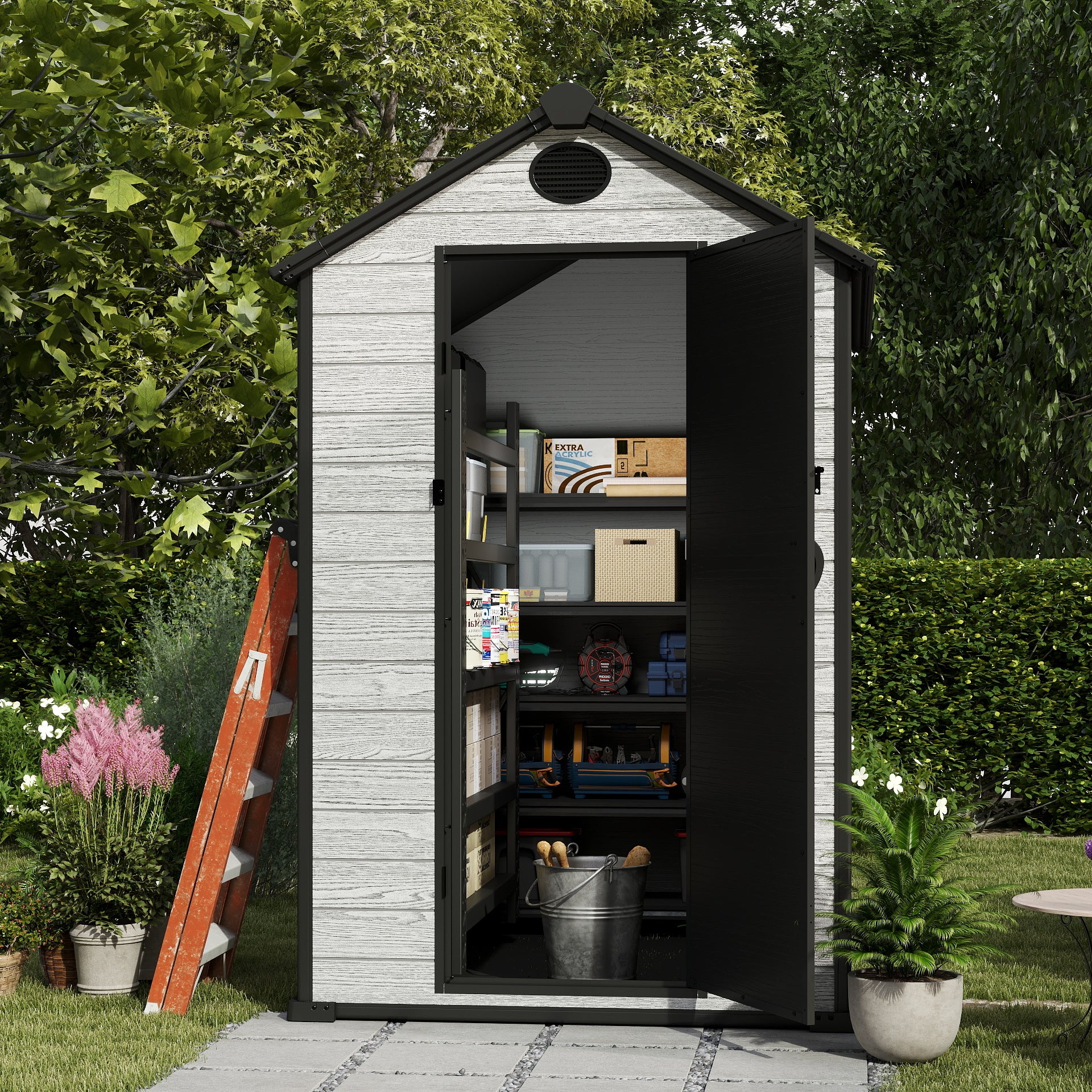 EHHLY 4x6 FT Resin Outdoor Storage Shed, 230 Cuft Garden Tool Sheds & Outdoor Storage Plastic Shed with Floor, 7FT Tall Backyard Outside Lawn Mower Storage Shed with Side Window, Cemented Grey Black
