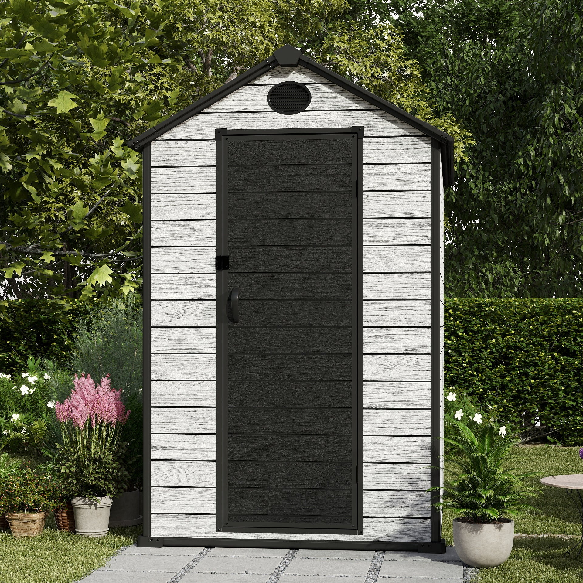 EHHLY 4x6 FT Resin Outdoor Storage Shed, 230 Cuft Garden Tool Sheds & Outdoor Storage Plastic Shed with Floor, 7FT Tall Backyard Outside Lawn Mower Storage Shed with Side Window, Cemented Grey Black