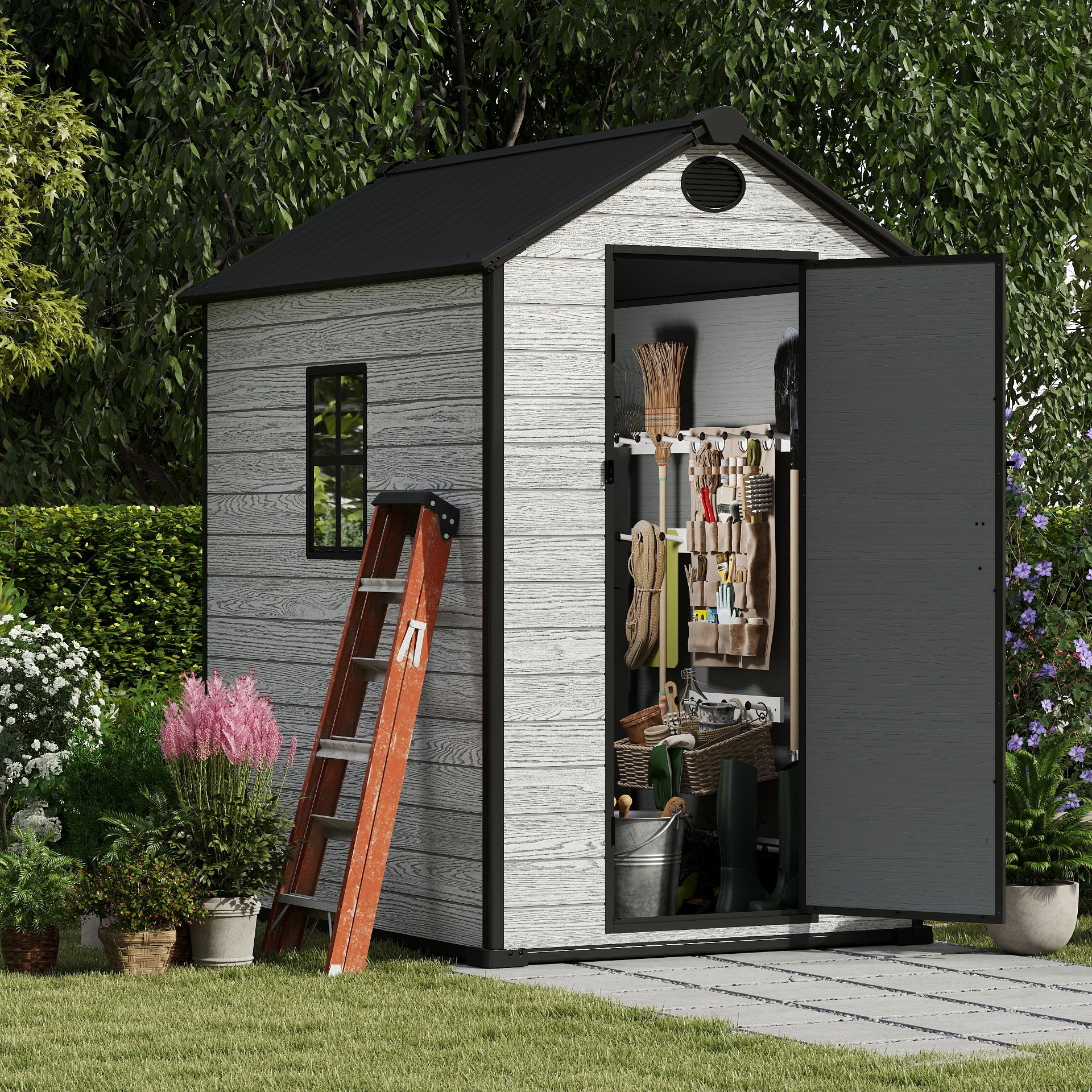 EHHLY 4x6 FT Resin Outdoor Storage Shed Large, 230 Cuft Garden Tool Sheds & Outdoor Storage Plastic Shed with Floor, 7FT Tall Backyard Outside Lawn Mower Storage Shed with Side Window, Cemented Grey