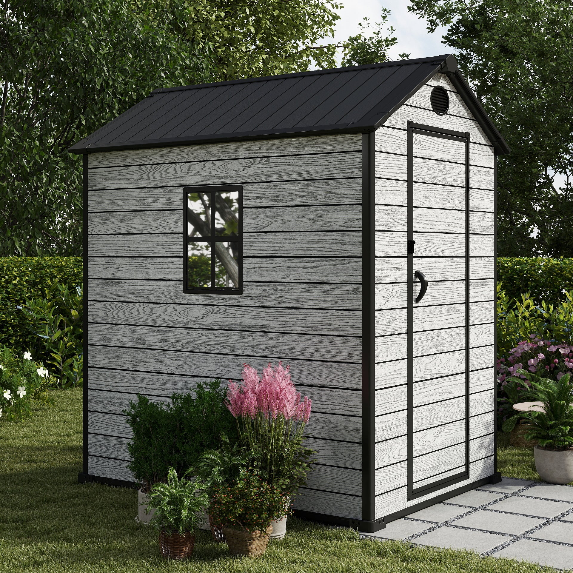 EHHLY 4x6 FT Resin Outdoor Storage Shed Large, 230 Cuft Garden Tool Sheds & Outdoor Storage Plastic Shed with Floor, 7FT Tall Backyard Outside Lawn Mower Storage Shed with Side Window, Cemented Grey