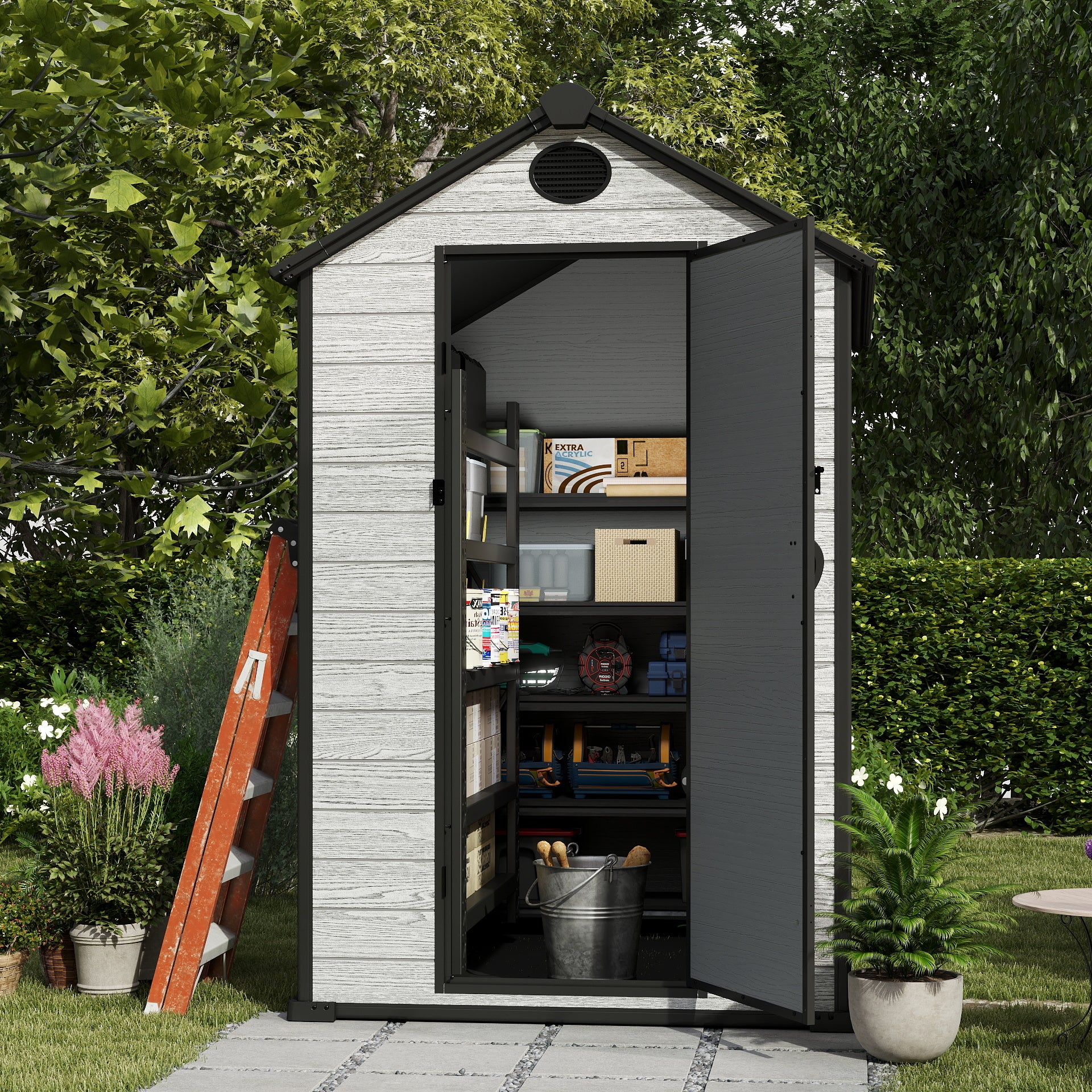 EHHLY 4x6 FT Resin Outdoor Storage Shed Large, 230 Cuft Garden Tool Sheds & Outdoor Storage Plastic Shed with Floor, 7FT Tall Backyard Outside Lawn Mower Storage Shed with Side Window, Cemented Grey