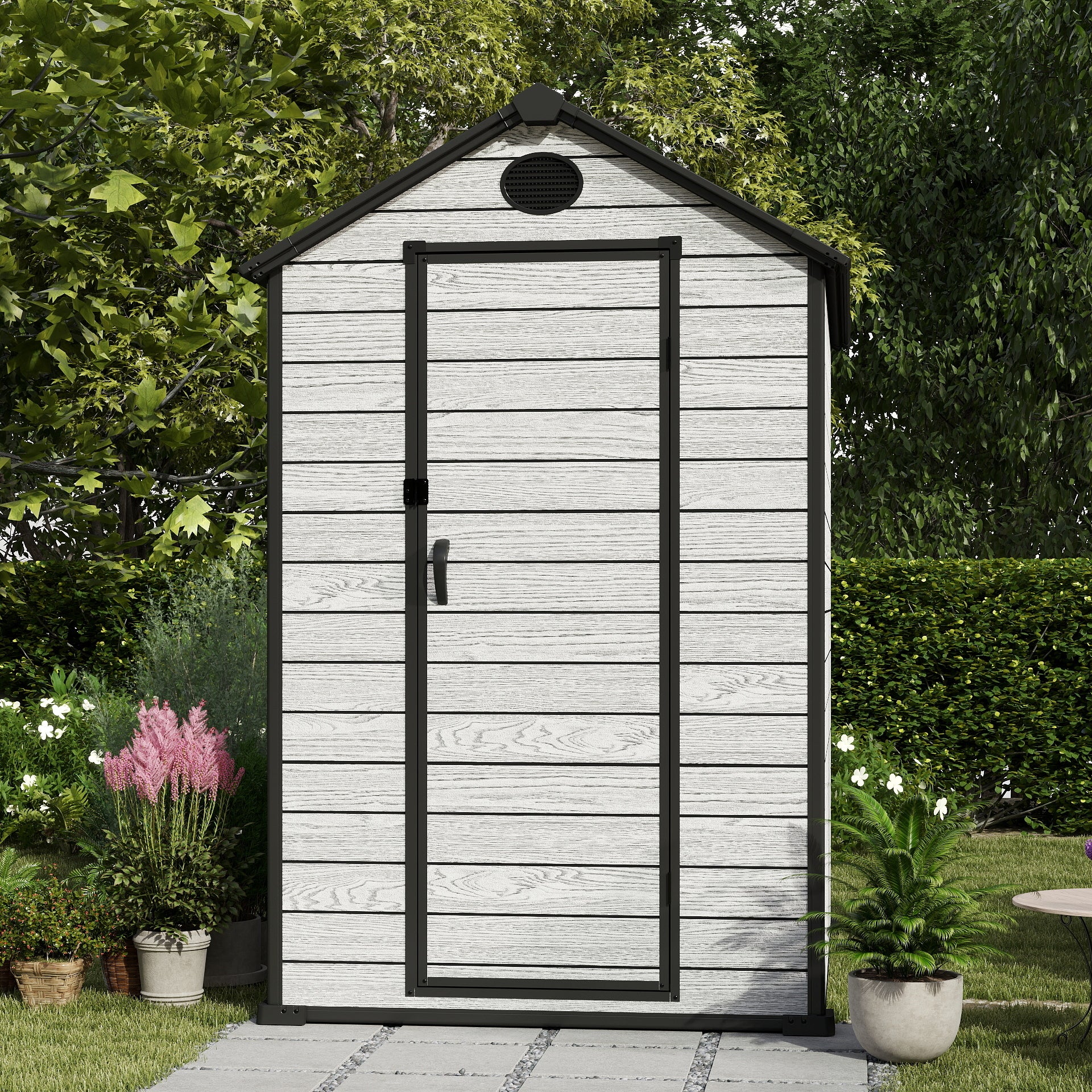 EHHLY 4x6 FT Resin Outdoor Storage Shed Large, 230 Cuft Garden Tool Sheds & Outdoor Storage Plastic Shed with Floor, 7FT Tall Backyard Outside Lawn Mower Storage Shed with Side Window, Cemented Grey
