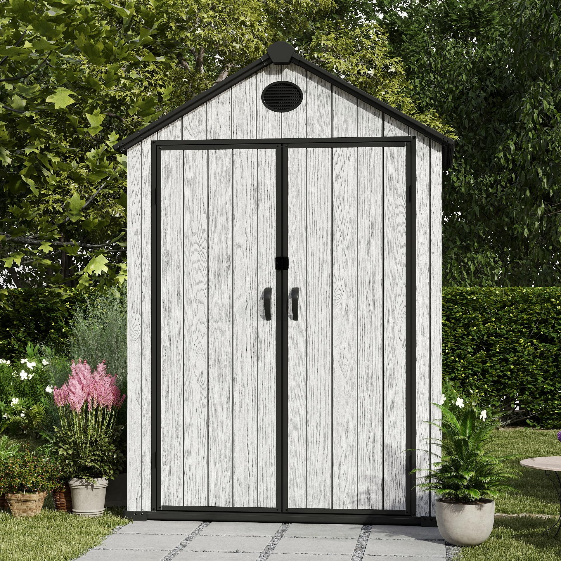 EHHLY 5.3x3.4 FT Resin Outdoor Storage Shed, 135 Cuft Garden Tool Sheds & Outdoor Storage Plastic Shed with Floor, 7FT Tall Backyard Outside Lawn Mower Storage Shed with Side Window, Cemented Grey