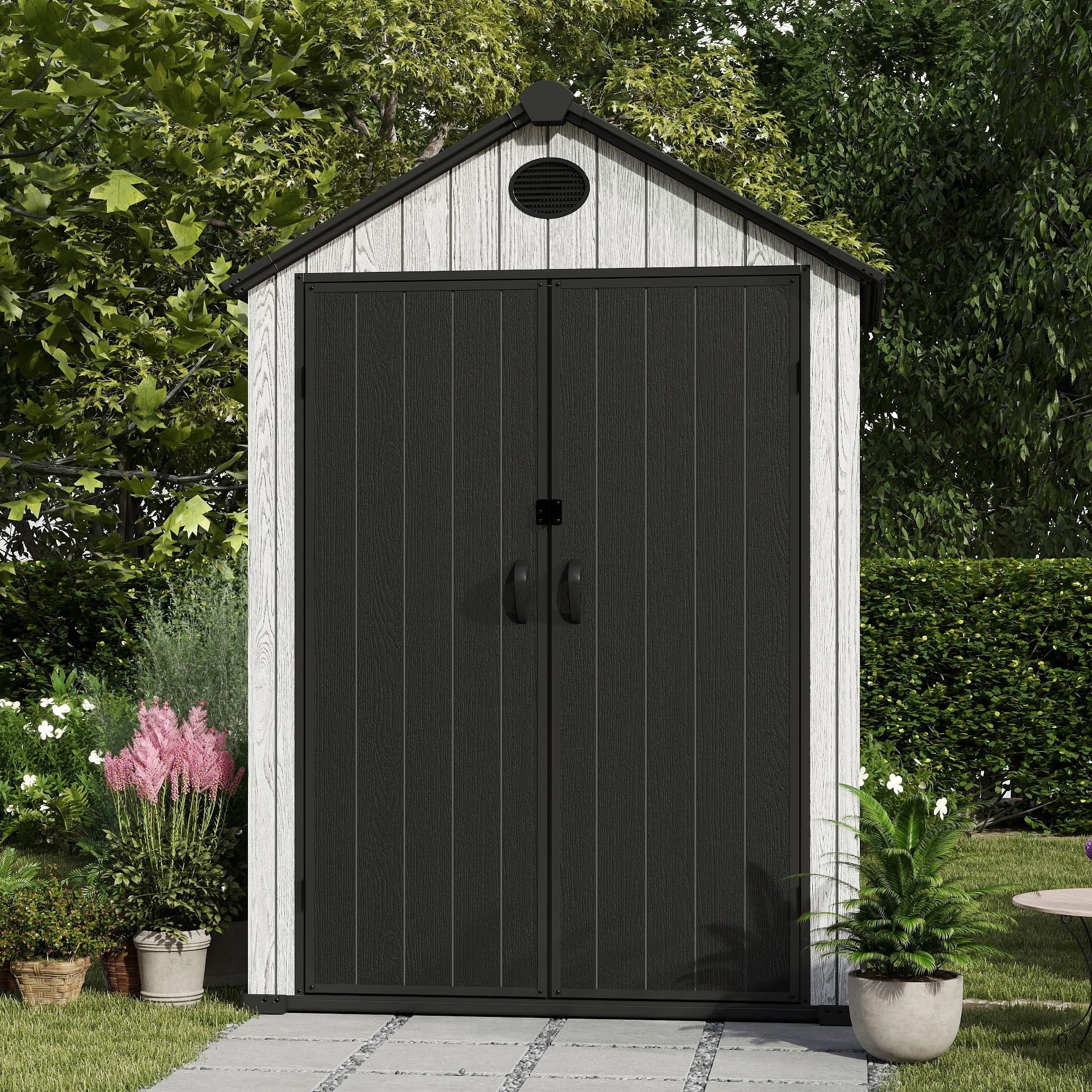EHHLY 5.3x3.4 FT Resin Outdoor Storage Shed, 135 Cuft Garden Tool Sheds & Outdoor Storage Plastic Shed with Floor, 7FT Tall Outside Lawn Mower Storage Shed with Side Window, Cemented Grey Black