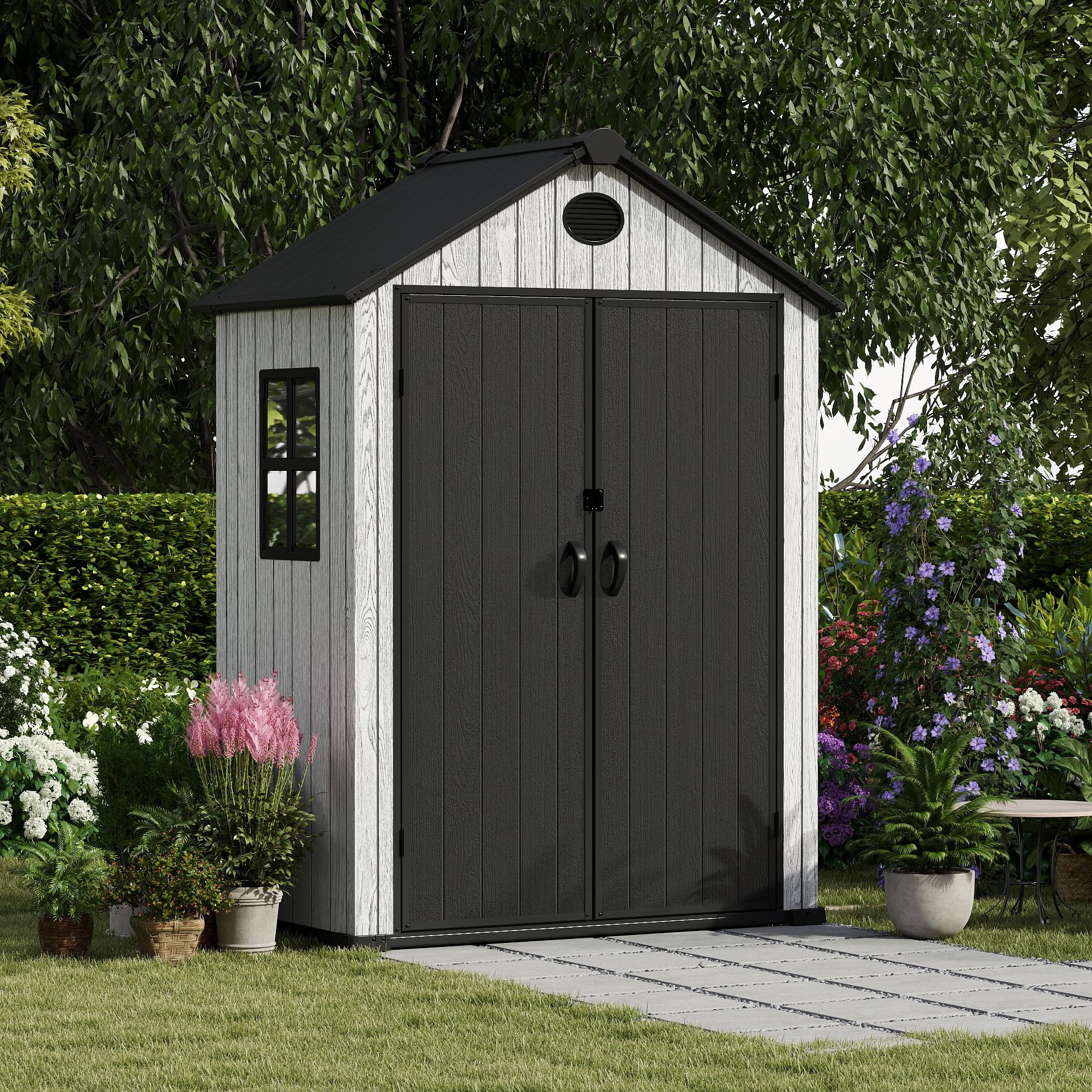EHHLY 5.3x3.4 FT Resin Outdoor Storage Shed, 135 Cuft Garden Tool Sheds & Outdoor Storage Plastic Shed with Floor, 7FT Tall Outside Lawn Mower Storage Shed with Side Window, Cemented Grey Black