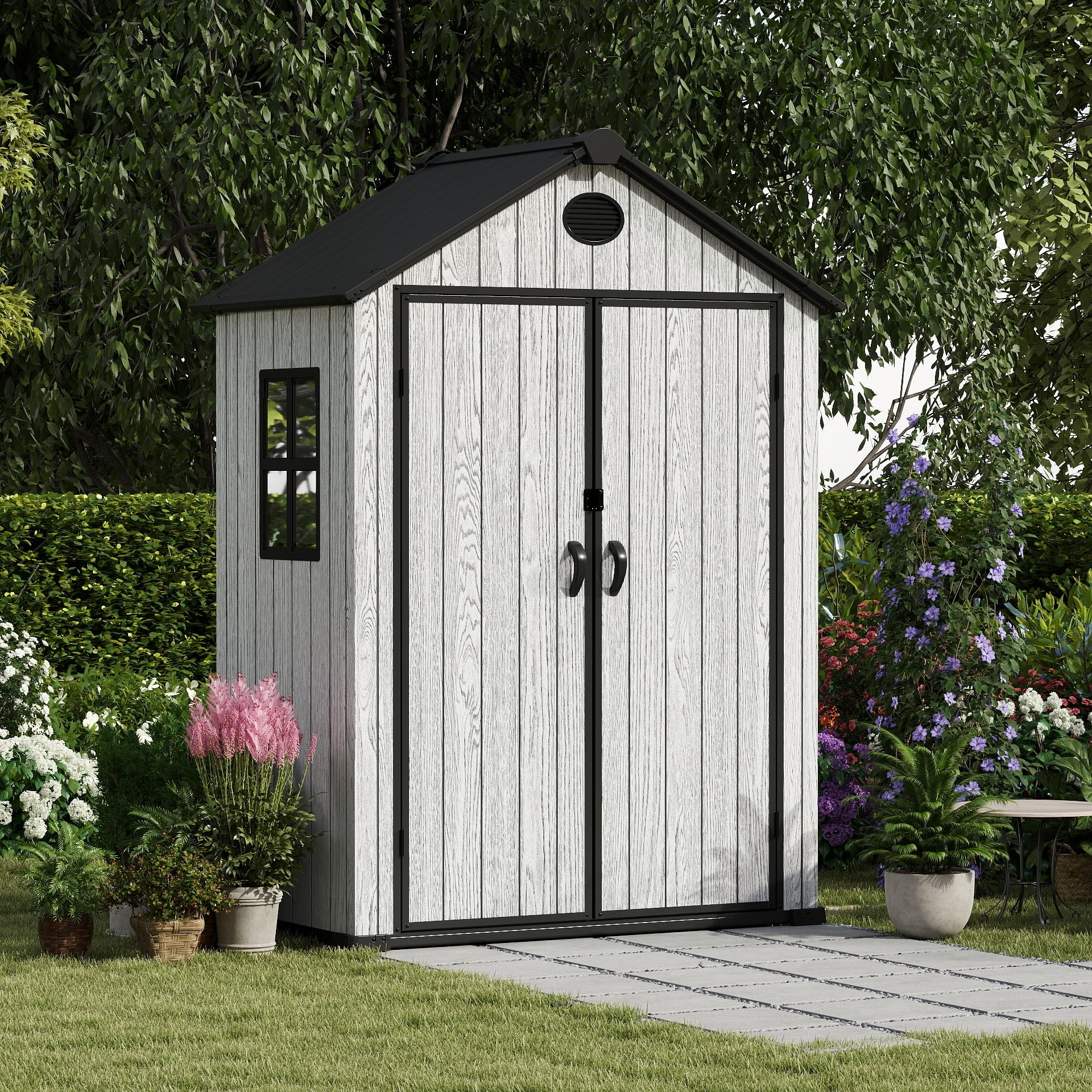 EHHLY 5.3x3.4 FT Resin Outdoor Storage Shed, 135 Cuft Garden Tool Sheds & Outdoor Storage Plastic Shed with Floor, 7FT Tall Backyard Outside Lawn Mower Storage Shed with Side Window, Cemented Grey