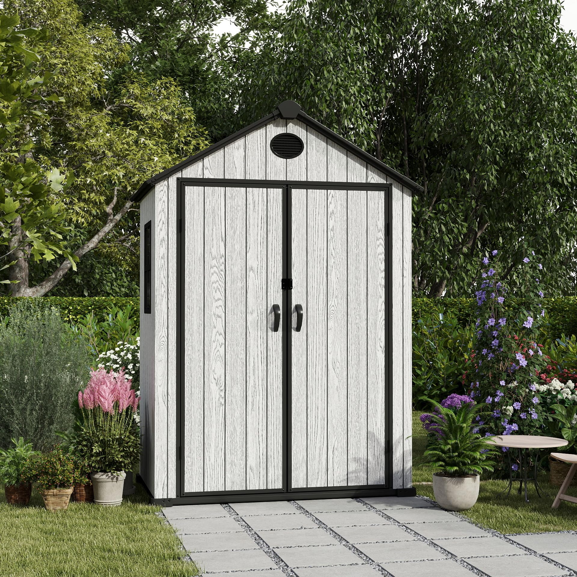 EHHLY 5.3x3.4 FT Resin Outdoor Storage Shed, 135 Cuft Garden Tool Sheds & Outdoor Storage Plastic Shed with Floor, 7FT Tall Backyard Outside Lawn Mower Storage Shed with Side Window, Cemented Grey