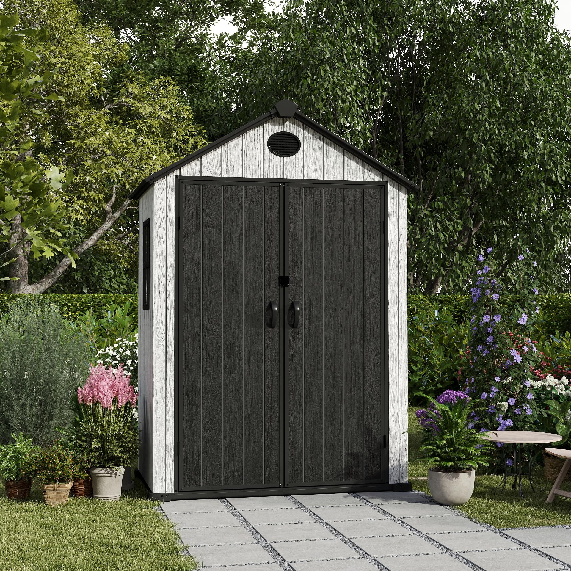 EHHLY 5.3x3.4 FT Resin Outdoor Storage Shed, 135 Cuft Garden Tool Sheds & Outdoor Storage Plastic Shed with Floor, 7FT Tall Outside Lawn Mower Storage Shed with Side Window, Cemented Grey Black