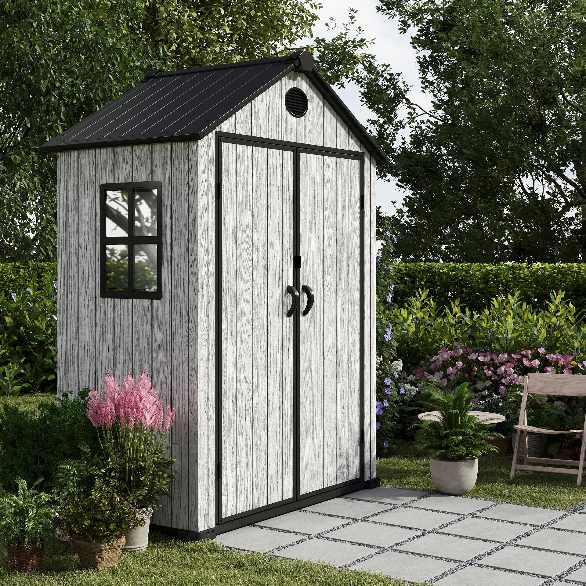 EHHLY 5.3x3.4 FT Resin Outdoor Storage Shed, 135 Cuft Garden Tool Sheds & Outdoor Storage Plastic Shed with Floor, 7FT Tall Backyard Outside Lawn Mower Storage Shed with Side Window, Cemented Grey
