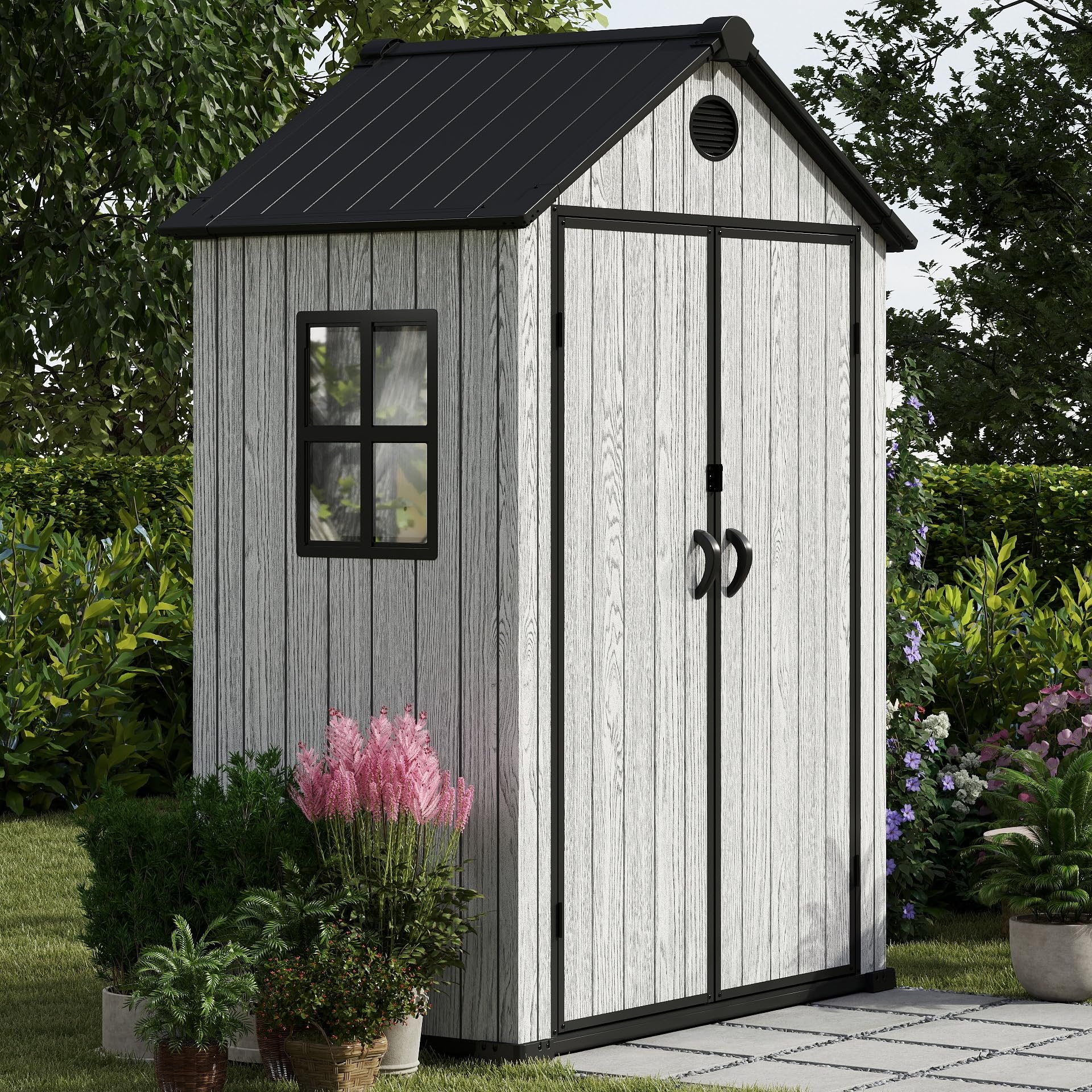 EHHLY 5.3x3.4 FT Resin Outdoor Storage Shed, 135 Cuft Garden Tool Sheds & Outdoor Storage Plastic Shed with Floor, 7FT Tall Backyard Outside Lawn Mower Storage Shed with Side Window, Cemented Grey