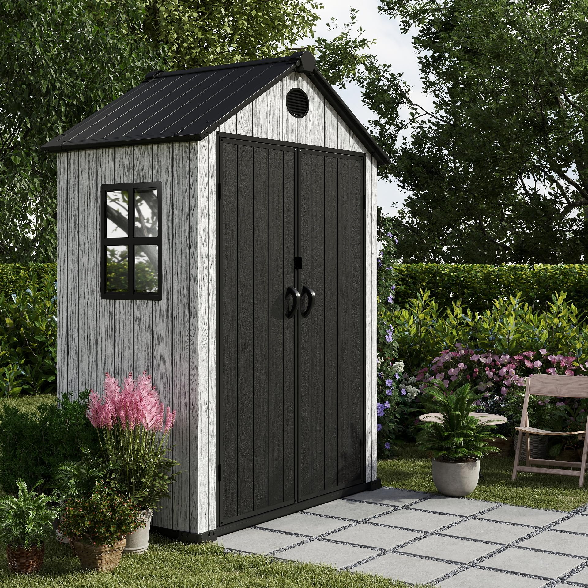 EHHLY 5.3x3.4 FT Resin Outdoor Storage Shed, 135 Cuft Garden Tool Sheds & Outdoor Storage Plastic Shed with Floor, 7FT Tall Outside Lawn Mower Storage Shed with Side Window, Cemented Grey Black