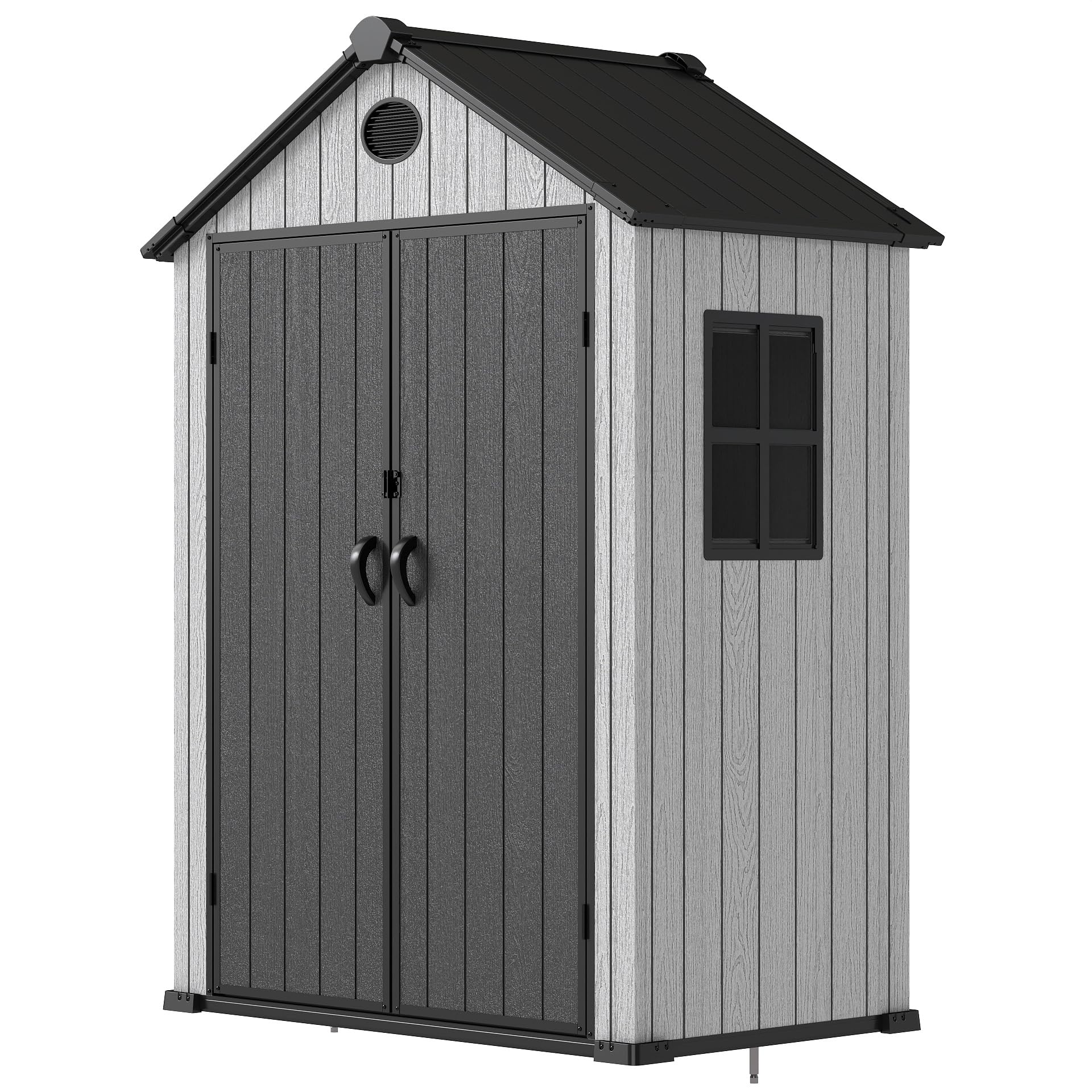 EHHLY 5.3x3.4 FT Resin Outdoor Storage Shed, 135 Cuft Garden Tool Sheds & Outdoor Storage Plastic Shed with Floor, 7FT Tall Outside Lawn Mower Storage Shed with Side Window, Cemented Grey Black