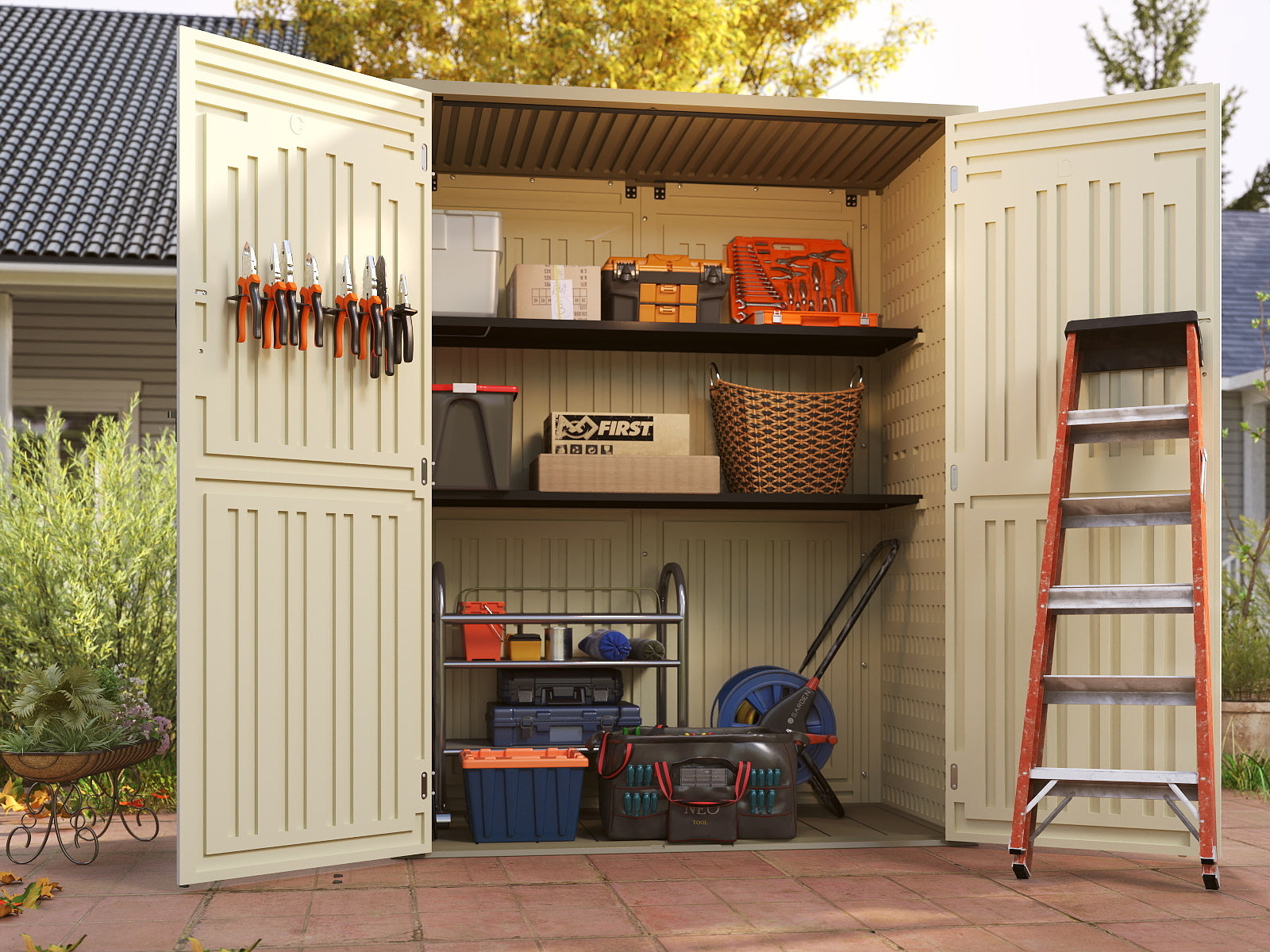 EHHLY Vertical Resin Storage Shed, 60 Cuft Garden Tool Sheds & Outdoor Storage, 5.6 x 2.3 ft,Vanilla