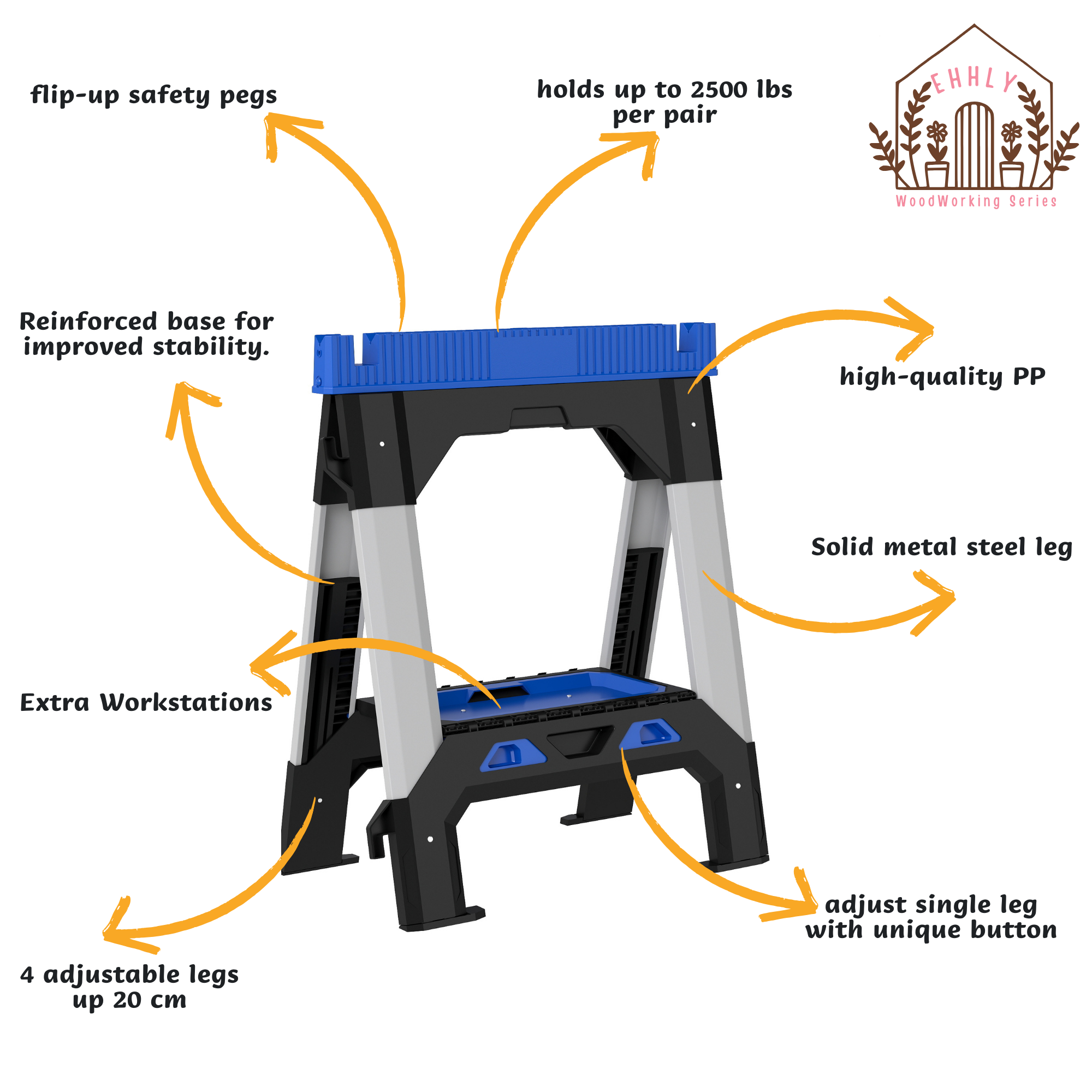 EHHLY Folding Heavy Duty Sawhorses 2 Pack, 2500 LBS Load Capacity Total, PP Plastic Body with 4 Adjustable Telescopic Powder-Coated Steel Legs, Built-In Shelf and Cord Hooks, Foldable for Easy Storage