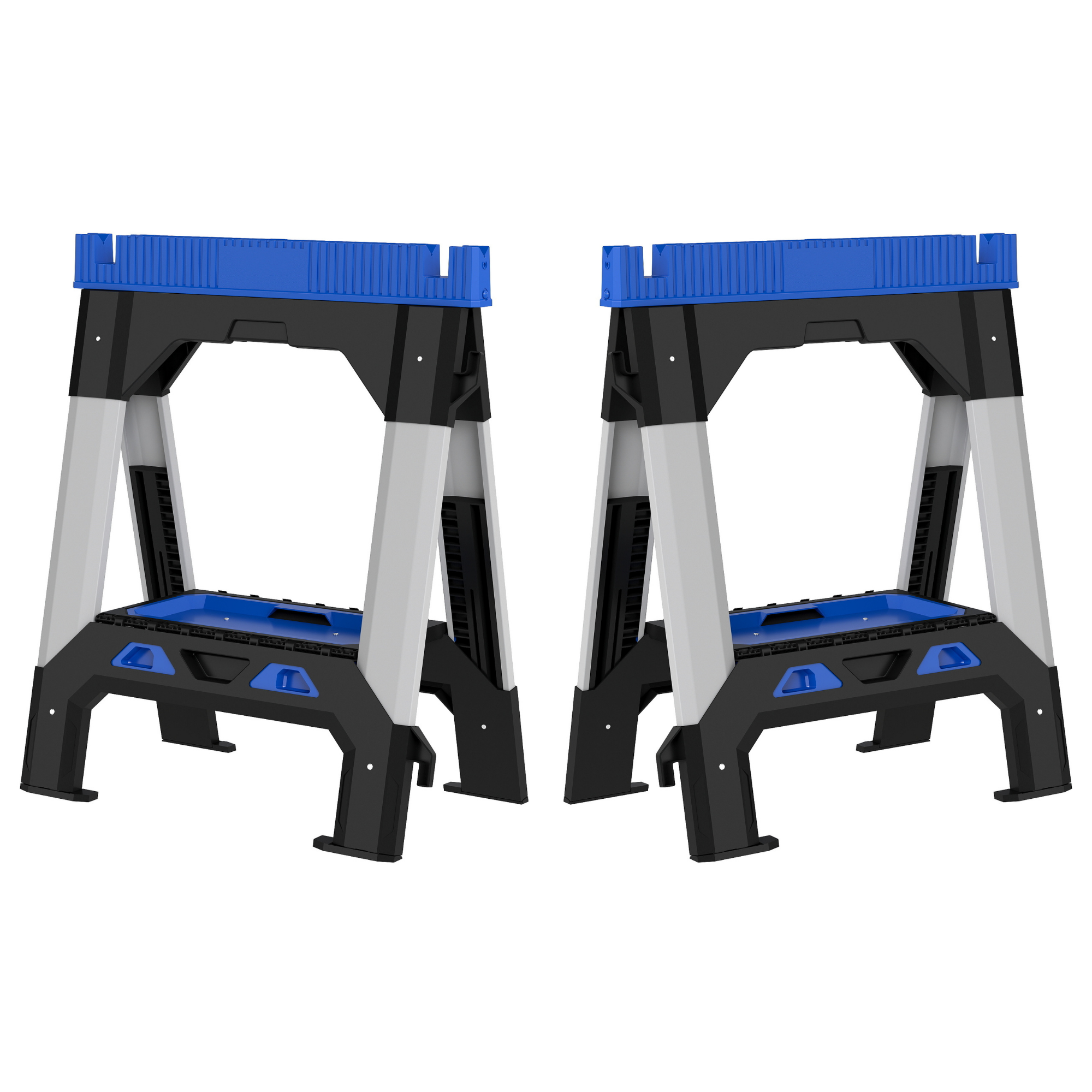 EHHLY Folding Heavy Duty Sawhorses 2 Pack, 2500 LBS Load Capacity Total, PP Plastic Body with 4 Adjustable Telescopic Powder-Coated Steel Legs, Built-In Shelf and Cord Hooks, Foldable for Easy Storage