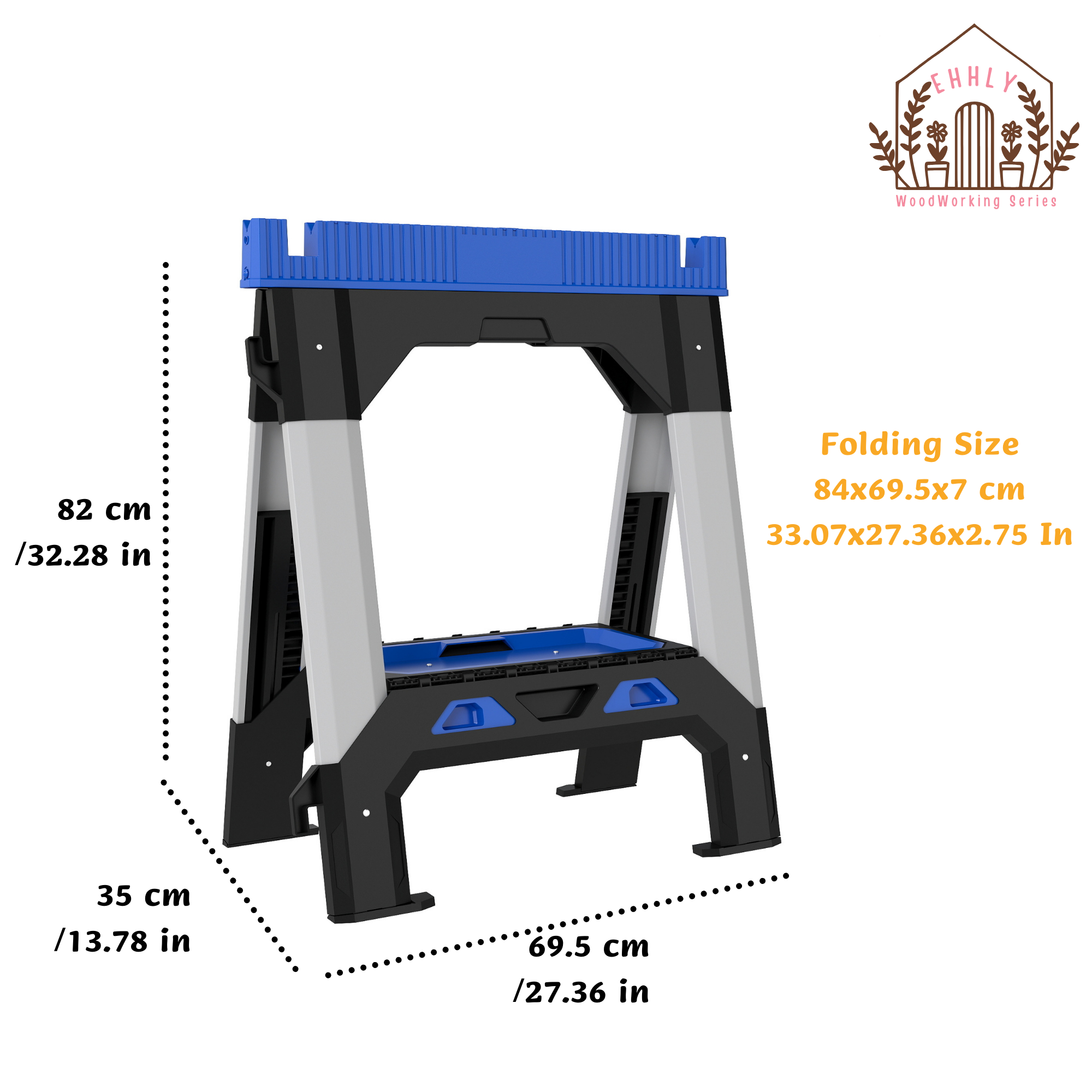 EHHLY Folding Heavy Duty Sawhorses 2 Pack, 2500 LBS Load Capacity Total, PP Plastic Body with 4 Adjustable Telescopic Powder-Coated Steel Legs, Built-In Shelf and Cord Hooks, Foldable for Easy Storage