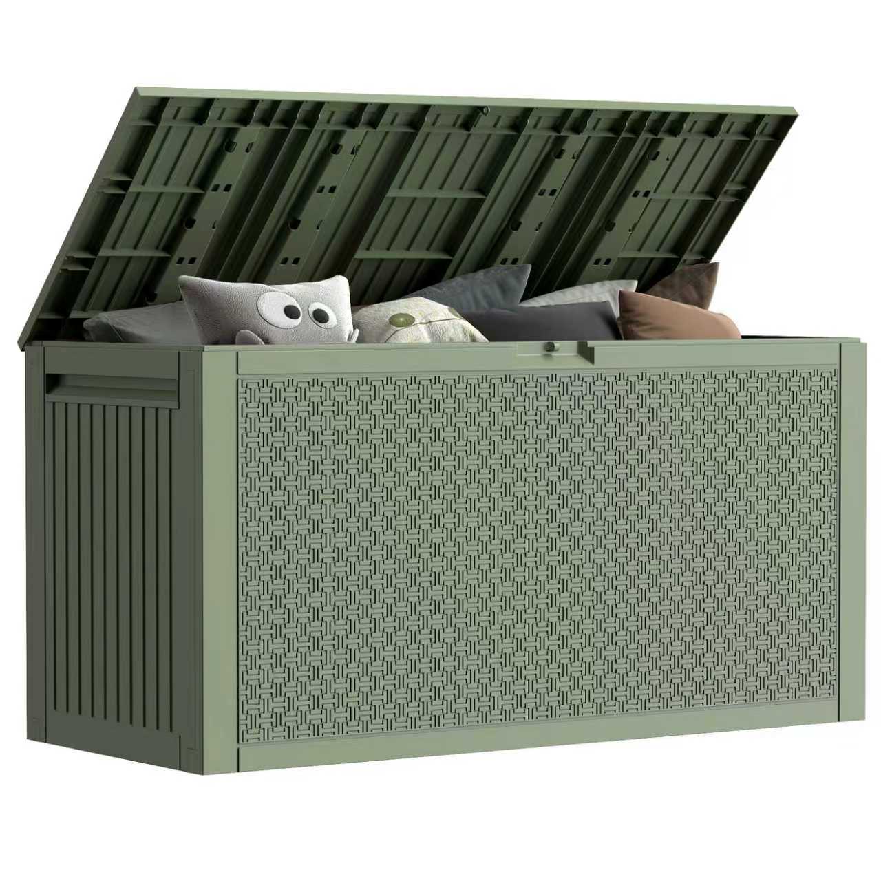 EHHLY 90 Gallon Outdoor Storage Box, Lockable Outside Storage Box Waterproof, Patio Cushions Deck Storage Boxes, Rattan Plastic Garden Hose Containers Resin Pool Storage Bins with lids, Sage Green