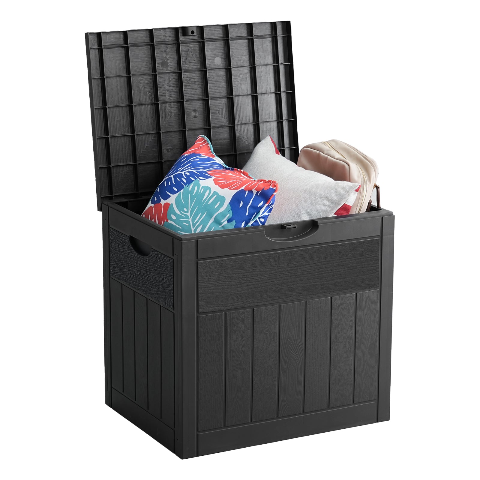 33 Gallon Outdoor Storage Box, Small Deck Box Waterproof, Lockable Secure Package Bin Delivery Box for Outside Front Porch, Patio Cushions Storage Box, Delivery Driver Snack Box for Porch, Black/Wood