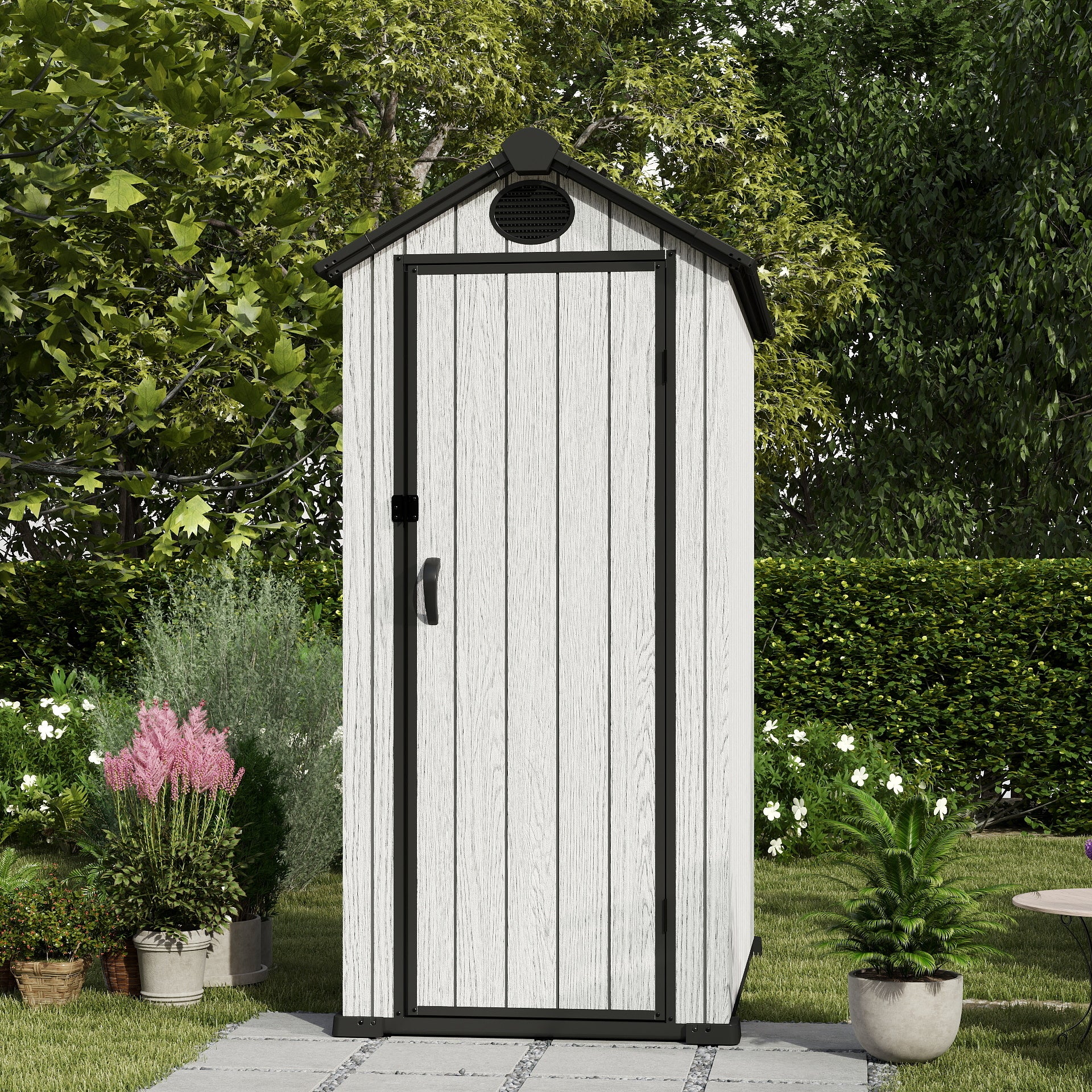 EHHLY 3.4x5.3 FT Resin Outdoor Storage Shed, 125 Cuft Garden Tool Sheds & Outdoor Storage Plastic Shed with Floor, 7FT Tall Backyard Outside Lawn Mower Storage Shed with Side Window, Cemented Grey