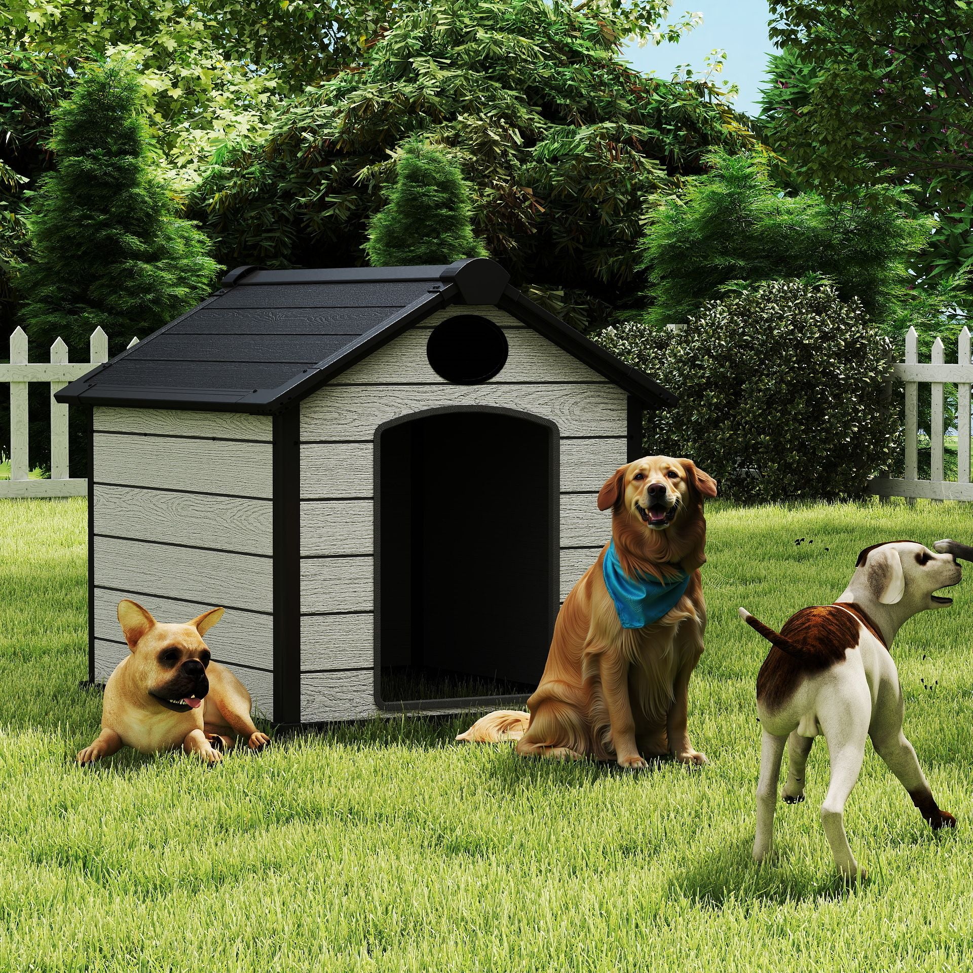 EHHLY 46" Large Dog House Outdoor Weatherproof, Insulated Igloo Dog House with Elevated Floor, 3XL Big Dog House for 2 Large Dogs Outside, Extra Durable Resin Plastic, 46"Lx40"Wx40"H, Cemented Grey