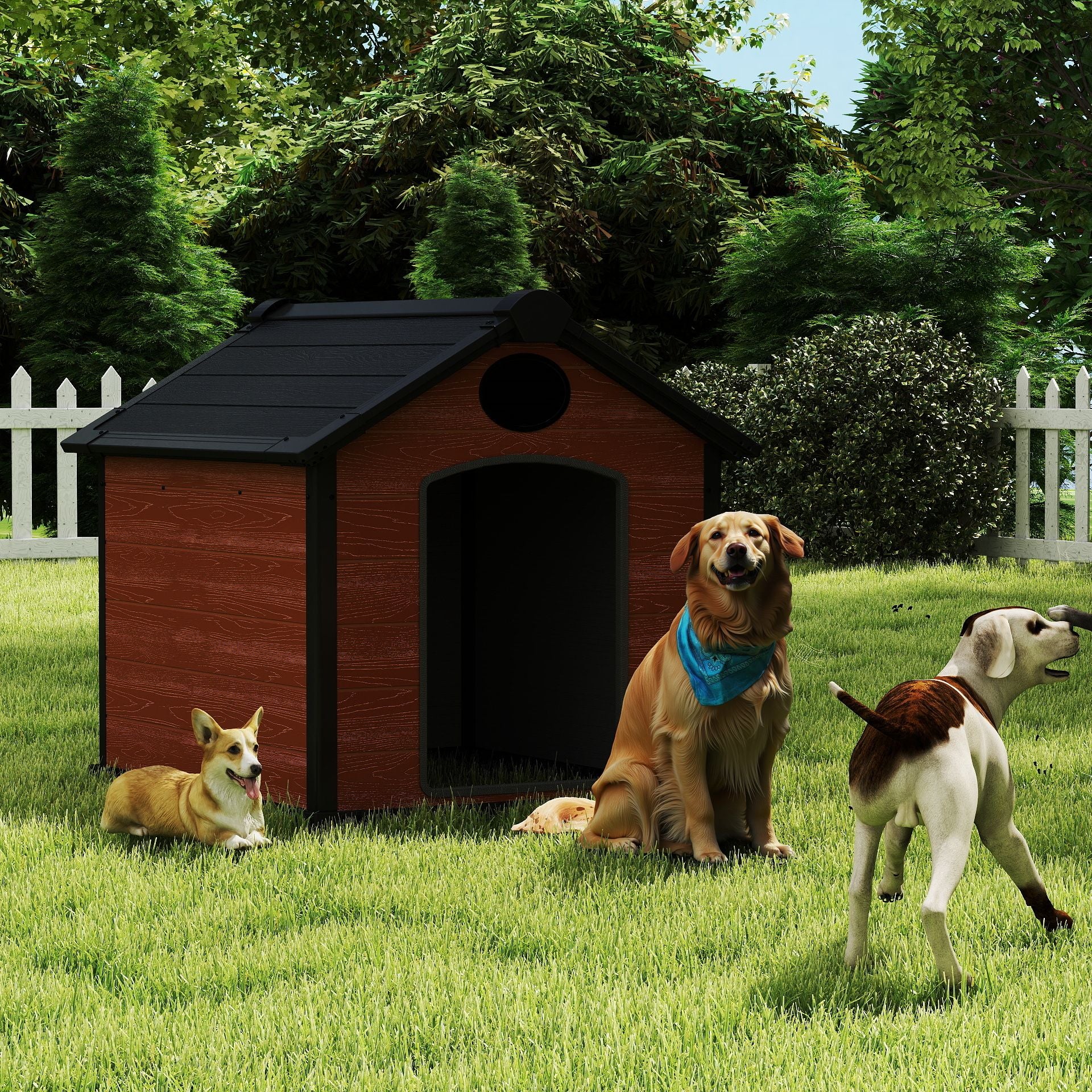 46" Large Dog House Outdoor Weatherproof, 3XL Big Dog House for 2 Large Dogs Outside, Insulated Igloo Pet House with Elevated Floor, Extra Durable Resin Plastic, 46Lx40Wx40H, Rustic Brown