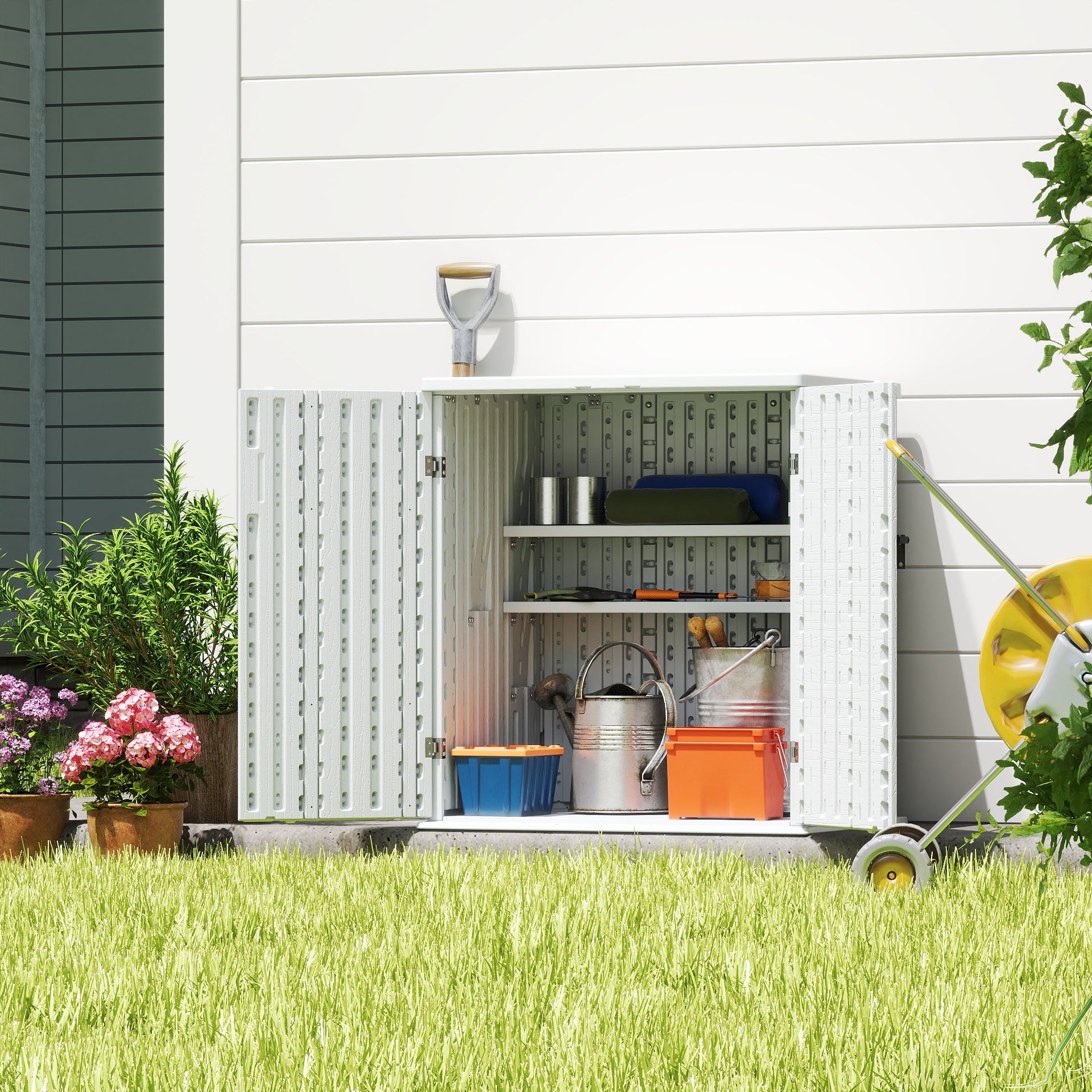 EHHLY Heavy Duty Small Storage Cabinet Outdoor Weatherproof, 14 Cuft Garage Storage Cabinet with 2 Adjustable Shelves, Lockable Kitchen Pantry Closer Organizer, 31Wx23Lx34H, White