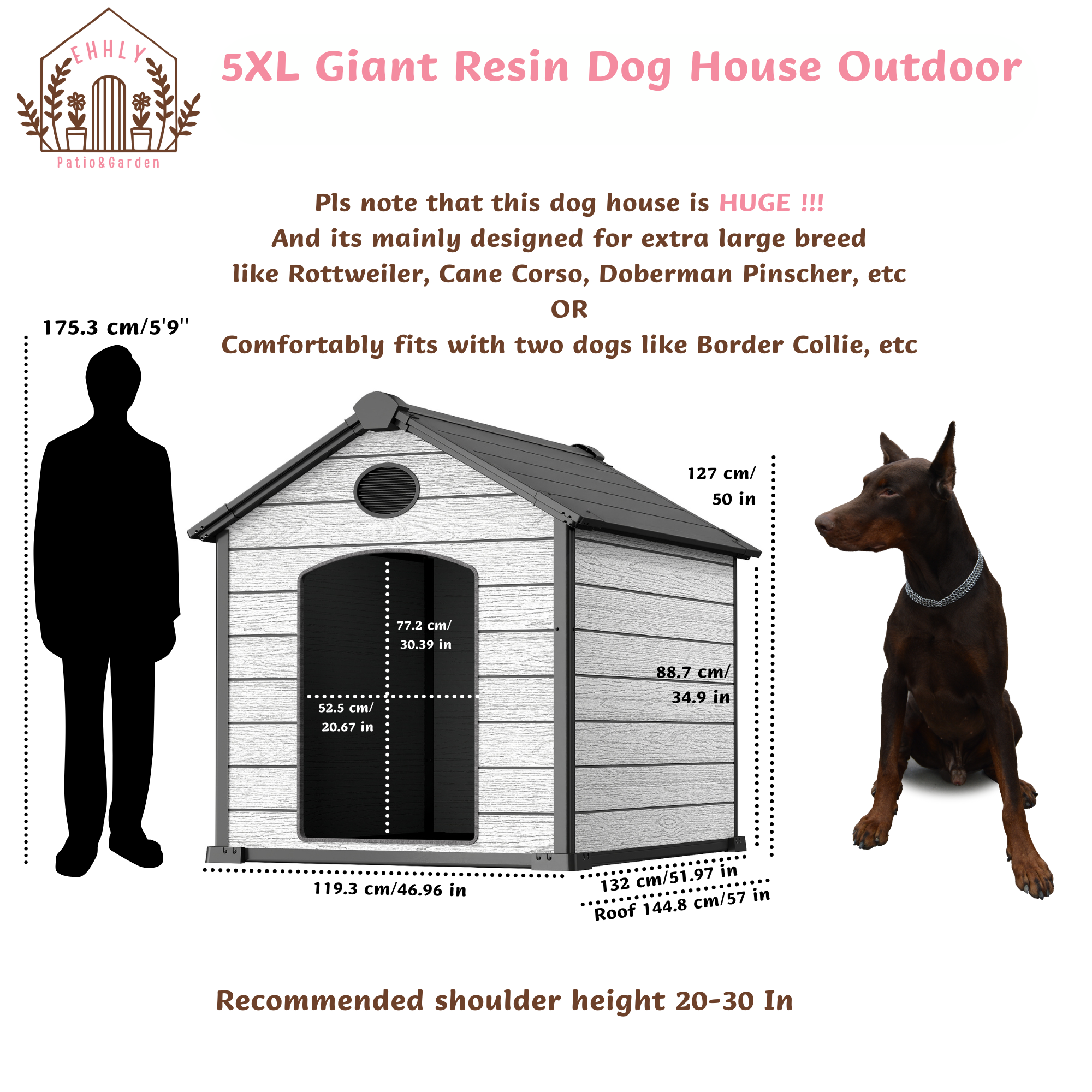 EHHLY 57" Extra Large Dog House Outdoor Weatherproof, 5XL Big Dog House for 2 Large Dogs Outside, Insulated Igloo Pet House with Elevated Floor, Extra Durable Resin Plastic, 57Lx47Wx50H, Cemented Grey
