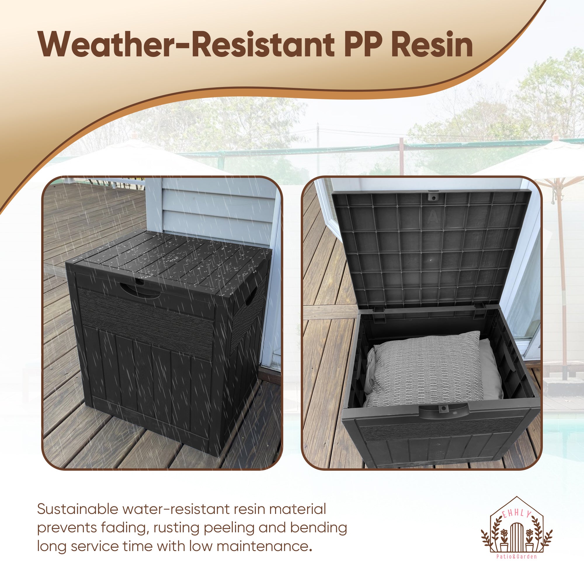 33 Gallon Outdoor Storage Box, Small Deck Box Waterproof, Lockable Secure Package Bin Delivery Box for Outside Front Porch, Patio Cushions Storage Box, Delivery Driver Snack Box for Porch, Black/Wood