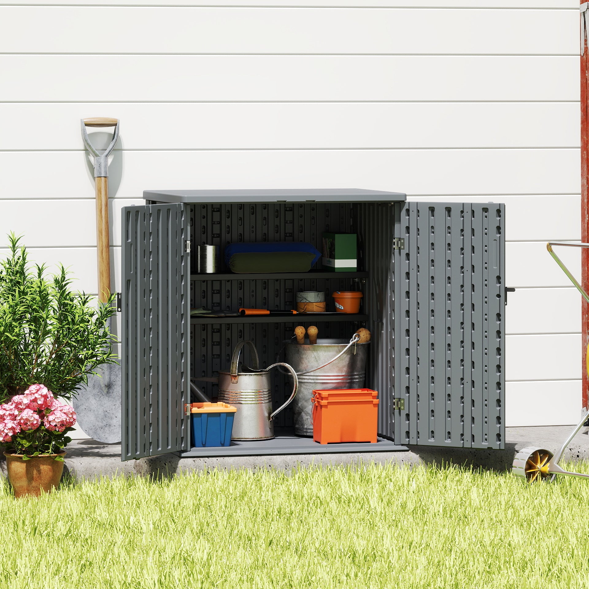 EHHLY Heavy Duty Small Storage Cabinet Outdoor Weatherproof, 14 Cuft Garage Storage Cabinet with 2 Adjustable Shelves, Lockable Kitchen Pantry Closer Organizer, 31Wx23Lx34H, Sage Grey