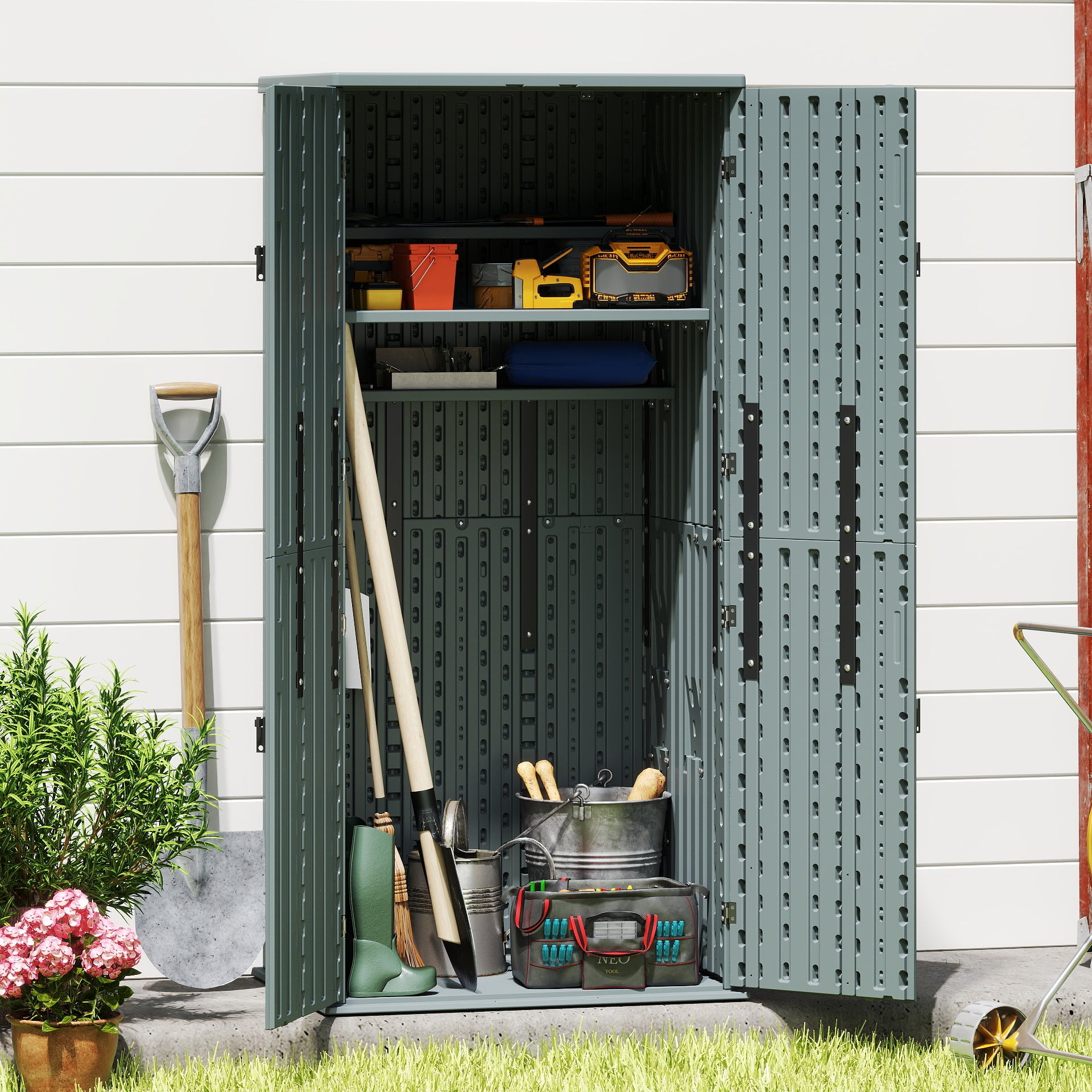 EHHLY Heavy Duty Tall Storage Cabinet Outdoor Weatherproof, 28 Cuft Garage Storage Cabinet with 4 Adjustable Shelves, Lockable Kitchen Pantry Closer Organizer, 31Wx23Lx66H, Sage Grey