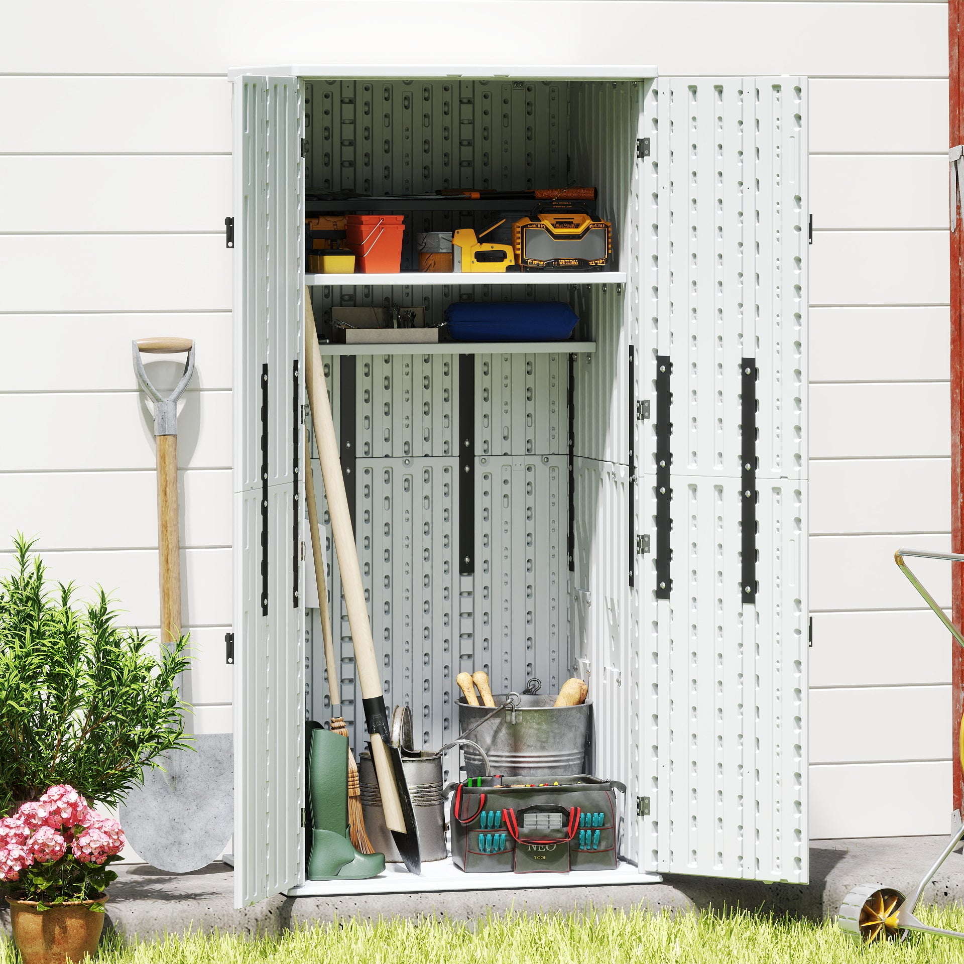 EHHLY Heavy Duty Tall Storage Cabinet Outdoor Weatherproof, 28 Cuft Garage Storage Cabinet with 4 Adjustable Shelves, Lockable Kitchen Pantry Closer Organizer, 31Wx23Lx66H, Polar White