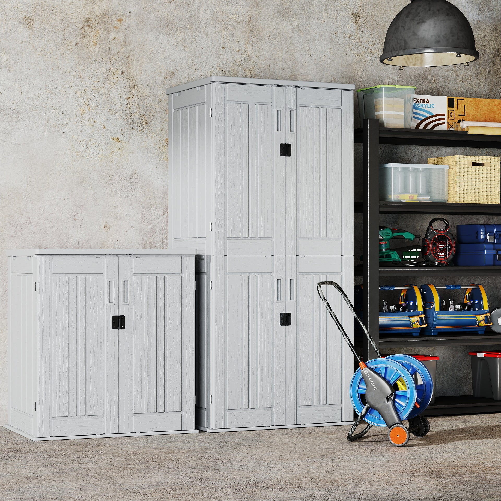 EHHLY Heavy Duty Small Storage Cabinet Outdoor Weatherproof, 14 Cuft Garage Storage Cabinet with 2 Adjustable Shelves, Lockable Kitchen Pantry Closer Organizer, 31Wx23Lx34H, White