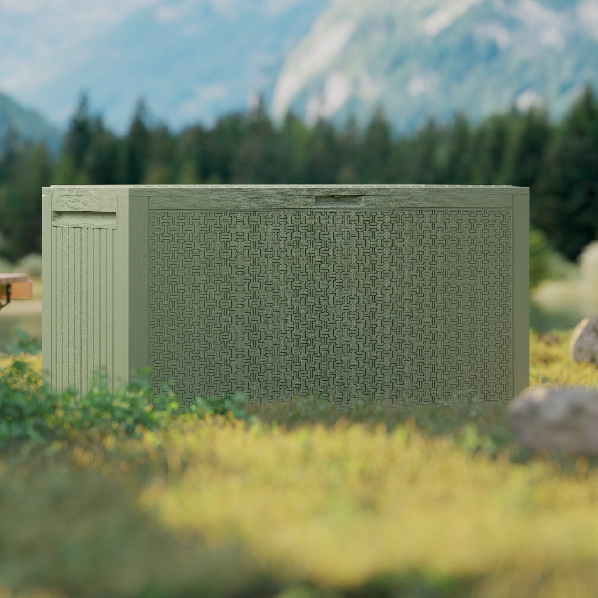 EHHLY 90 Gallon Outdoor Storage Box, Lockable Outside Storage Box Waterproof, Patio Cushions Deck Storage Boxes, Rattan Plastic Garden Hose Containers Resin Pool Storage Bins with lids, Sage Green