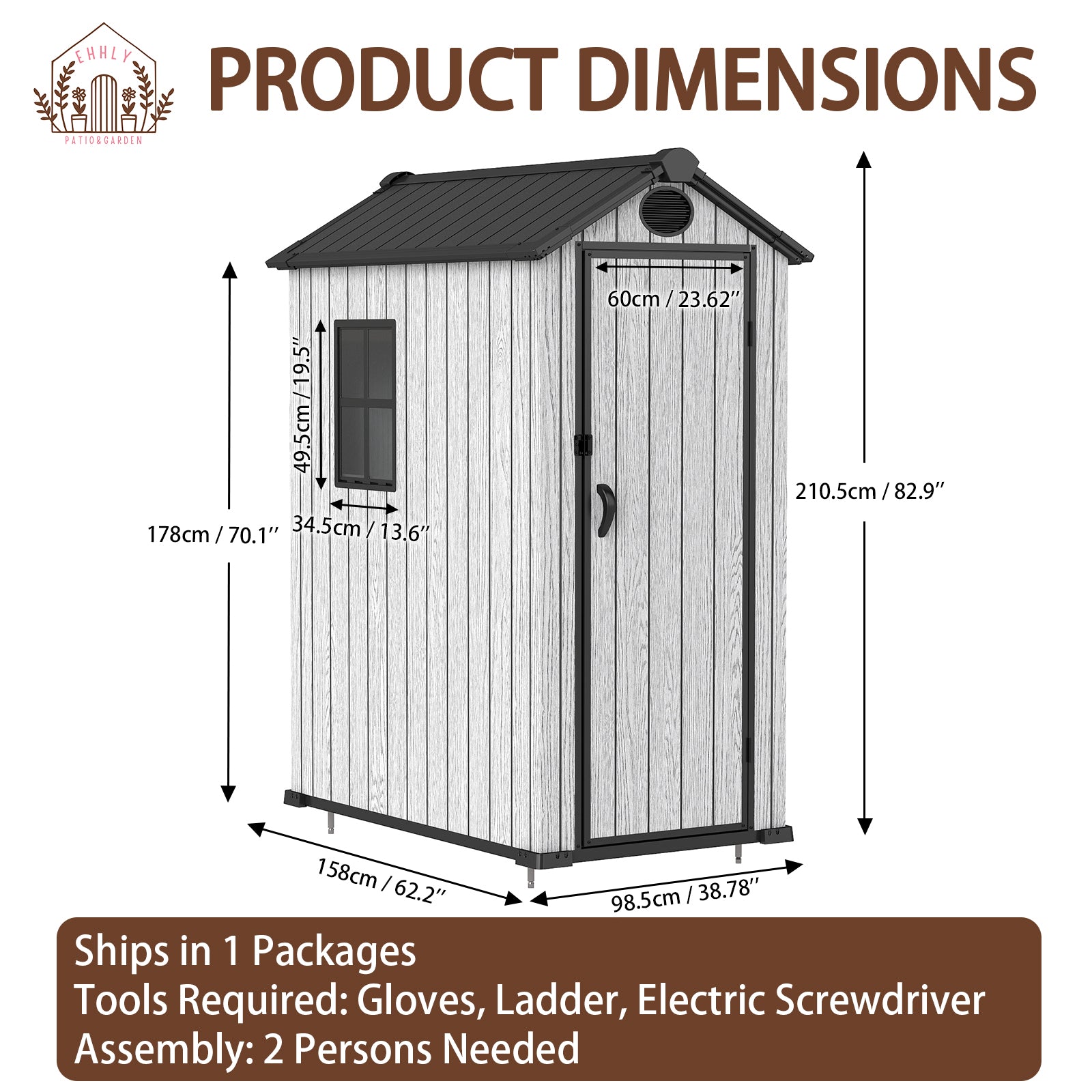 EHHLY 3.4x5.3 FT Resin Outdoor Storage Shed, 125 Cuft Garden Tool Sheds & Outdoor Storage Plastic Shed with Floor, 7FT Tall Backyard Outside Lawn Mower Storage Shed with Side Window, Cemented Grey