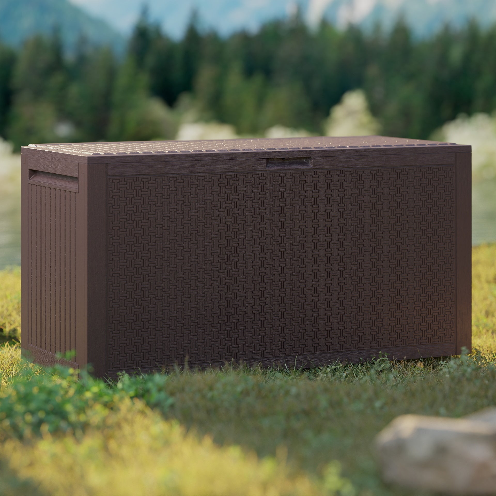 EHHLY 90 Gallon Outdoor Storage Box, Lockable Package Outside Storage Box Waterproof, Patio Cushions Deck Storage Boxes, Rattan Plastic Garden Hose Containers Resin Pool Storage Bins with lids,Brown