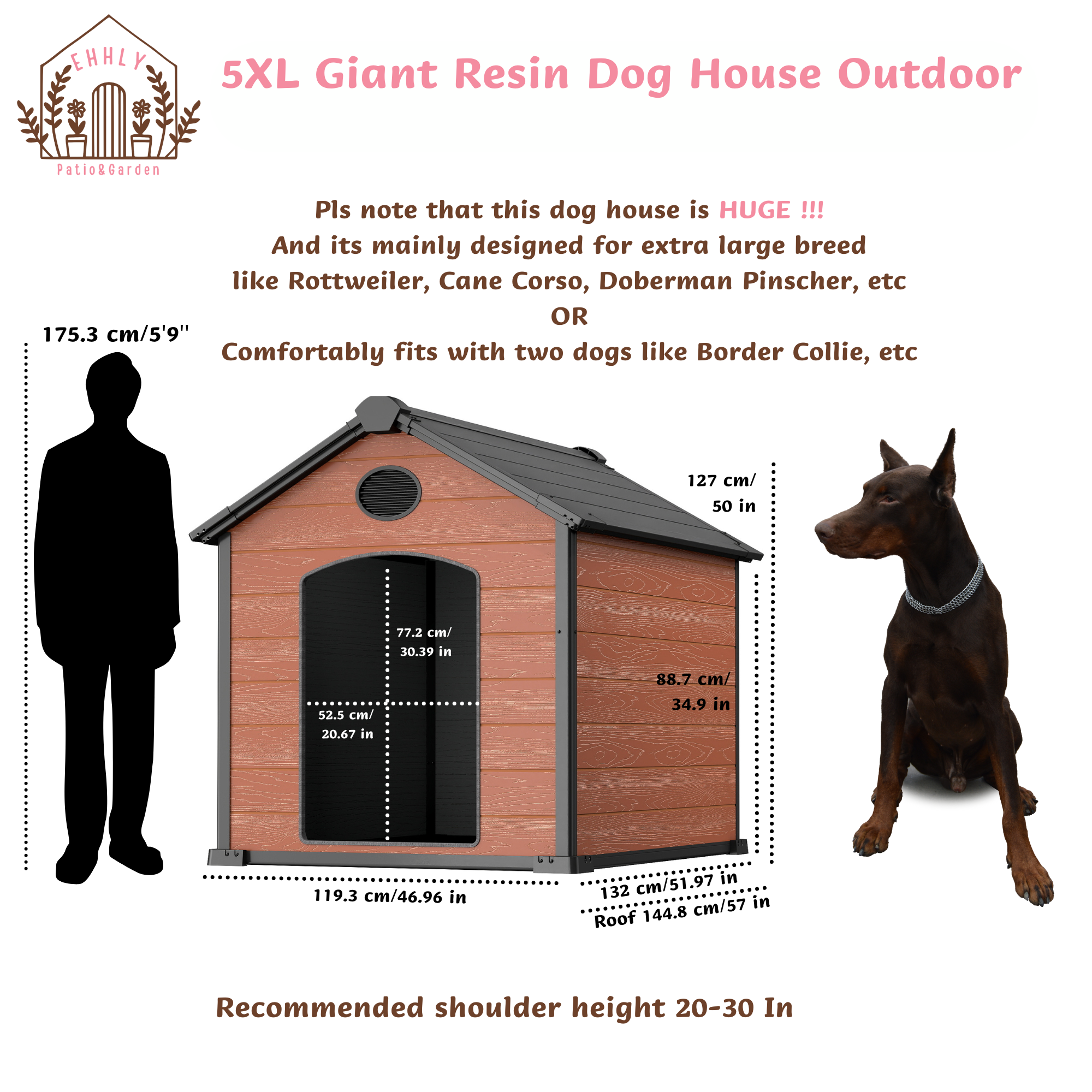 EHHLY 57" Extra Large Dog House Outdoor Weatherproof, 5XL Big Dog House for 2 Large Dogs Outside, Insulated Igloo Pet House with Elevated Floor, Extra Durable Resin Plastic, 57Lx47Wx50H, Rustic Brown