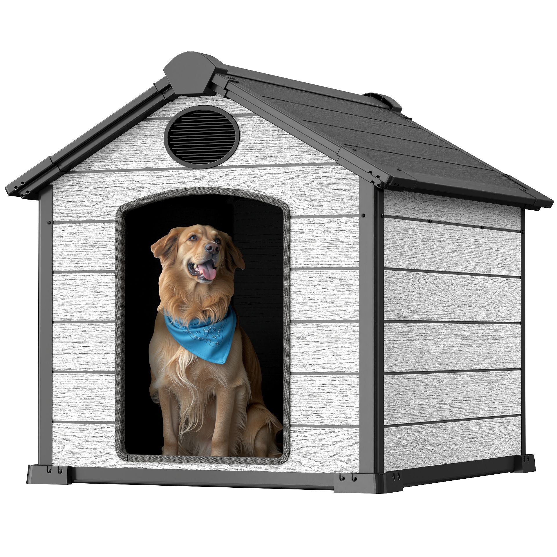 EHHLY 46" Large Dog House Outdoor Weatherproof, Insulated Igloo Dog House with Elevated Floor, 3XL Big Dog House for 2 Large Dogs Outside, Extra Durable Resin Plastic, 46"Lx40"Wx40"H, Cemented Grey