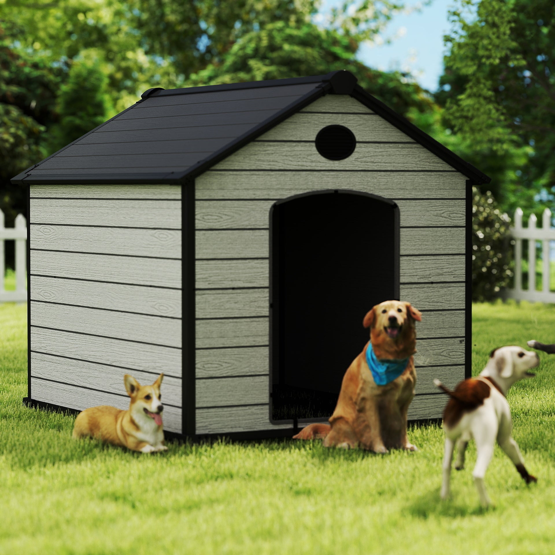 EHHLY 70" Extra Large Dog House Outdoor Weatherproof, 8XL Big Dog House for 5 Large Dogs Outside, Insulated Igloo Pet House with Elevated Floor, Extra Durable Resin Plastic, 70Lx60Wx60H, Cemented Grey