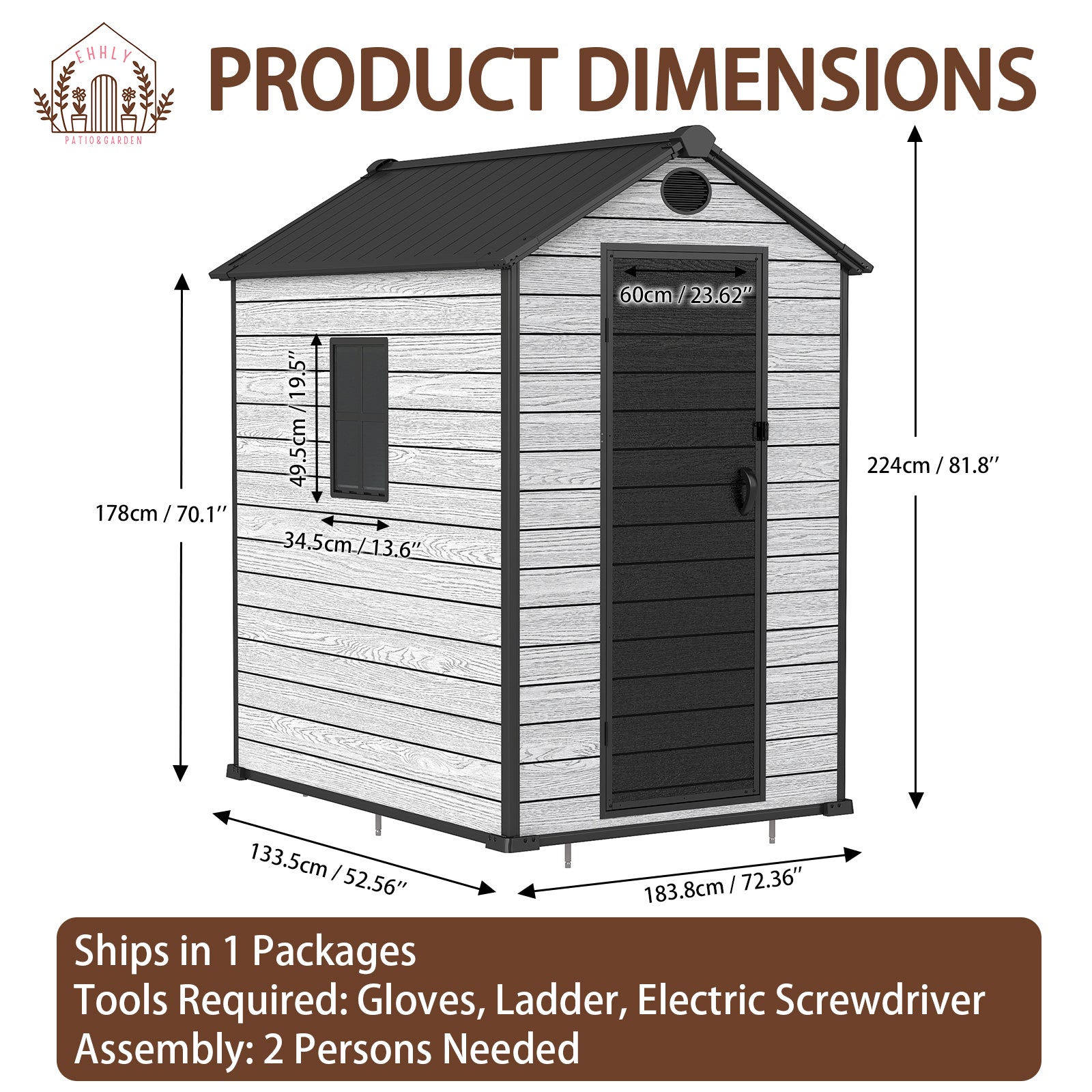 EHHLY 4x6 FT Resin Outdoor Storage Shed, 230 Cuft Garden Tool Sheds & Outdoor Storage Plastic Shed with Floor, 7FT Tall Backyard Outside Lawn Mower Storage Shed with Side Window, Cemented Grey Black