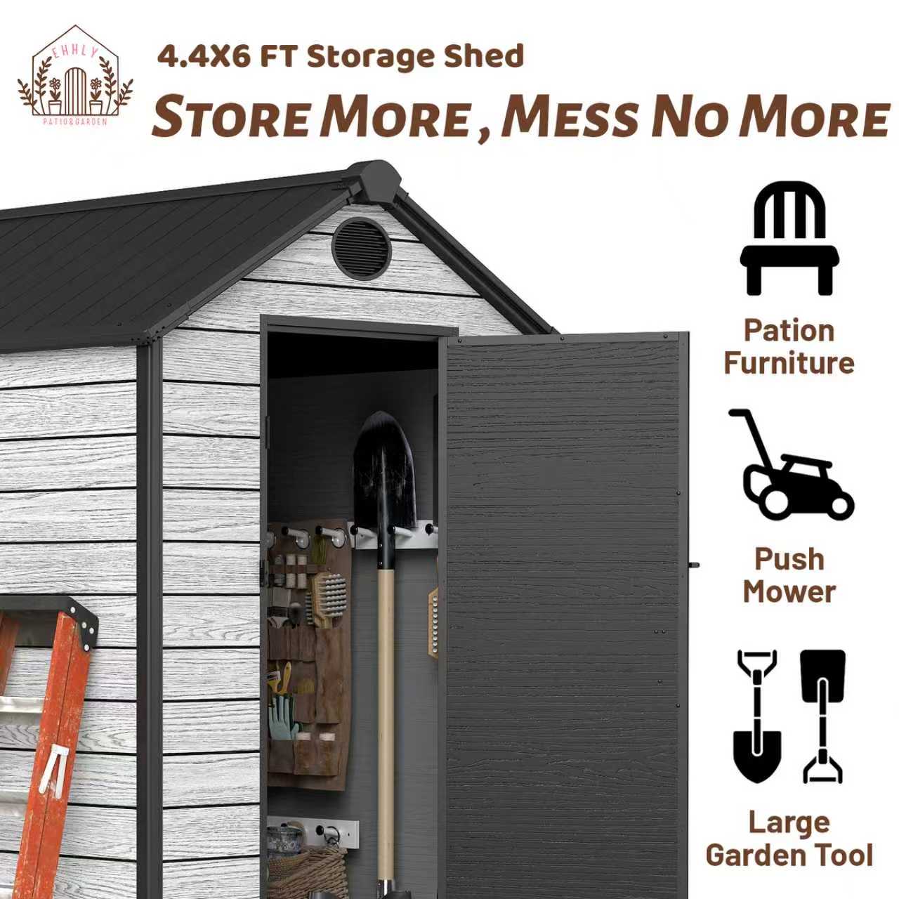 EHHLY 4x6 FT Resin Outdoor Storage Shed, 230 Cuft Garden Tool Sheds & Outdoor Storage Plastic Shed with Floor, 7FT Tall Backyard Outside Lawn Mower Storage Shed with Side Window, Cemented Grey Black