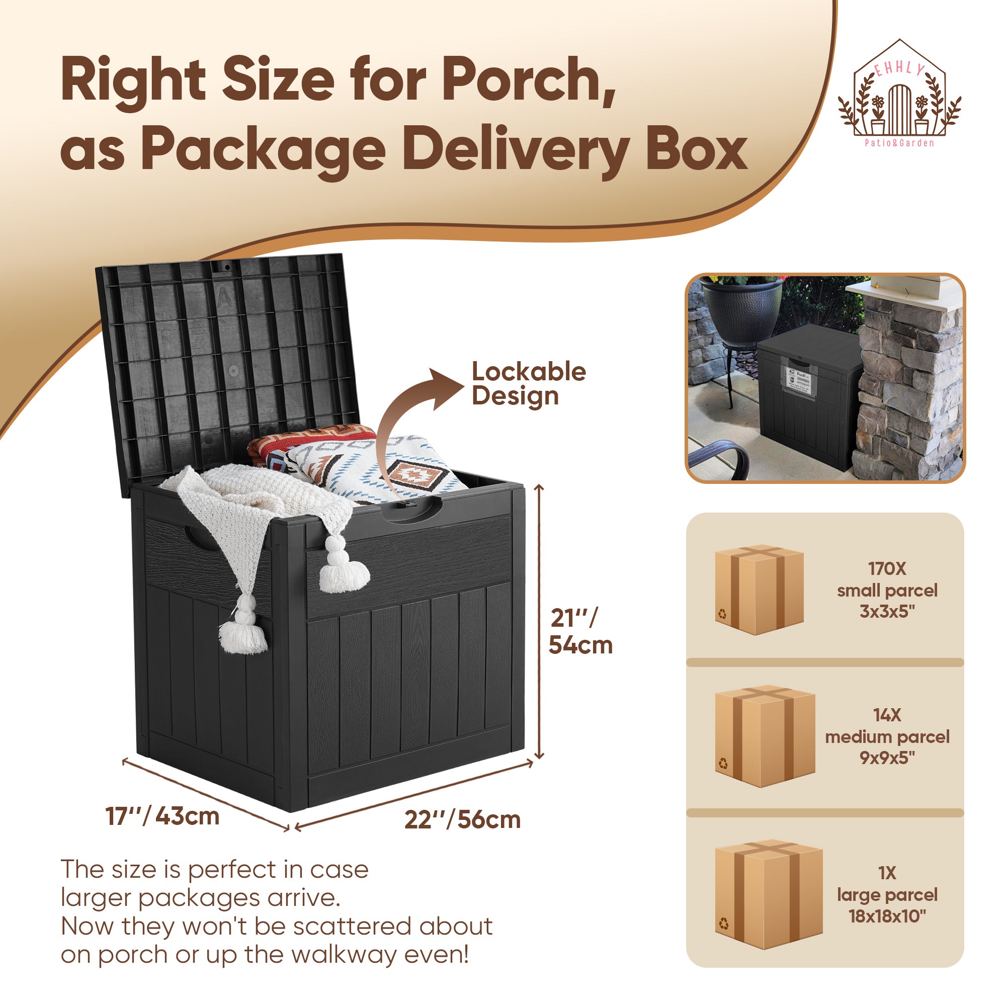 33 Gallon Outdoor Storage Box, Small Deck Box Waterproof, Lockable Secure Package Bin Delivery Box for Outside Front Porch, Patio Cushions Storage Box, Delivery Driver Snack Box for Porch, Black/Wood