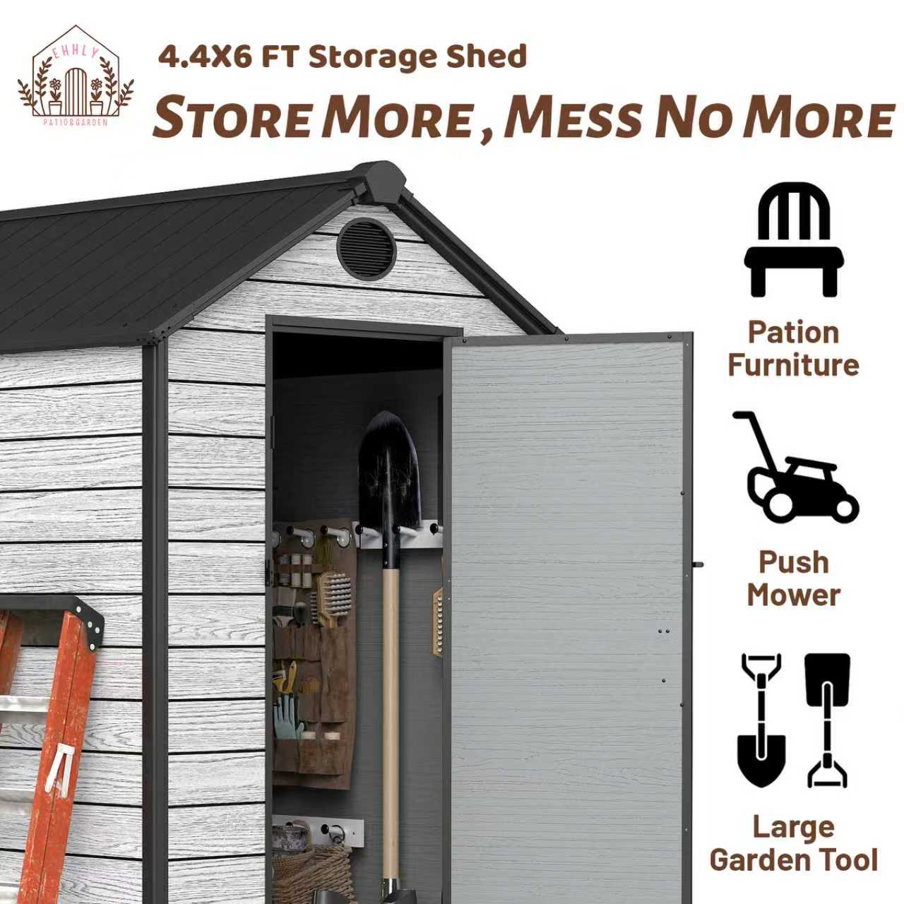 EHHLY 4x6 FT Resin Outdoor Storage Shed Large, 230 Cuft Garden Tool Sheds & Outdoor Storage Plastic Shed with Floor, 7FT Tall Backyard Outside Lawn Mower Storage Shed with Side Window, Cemented Grey