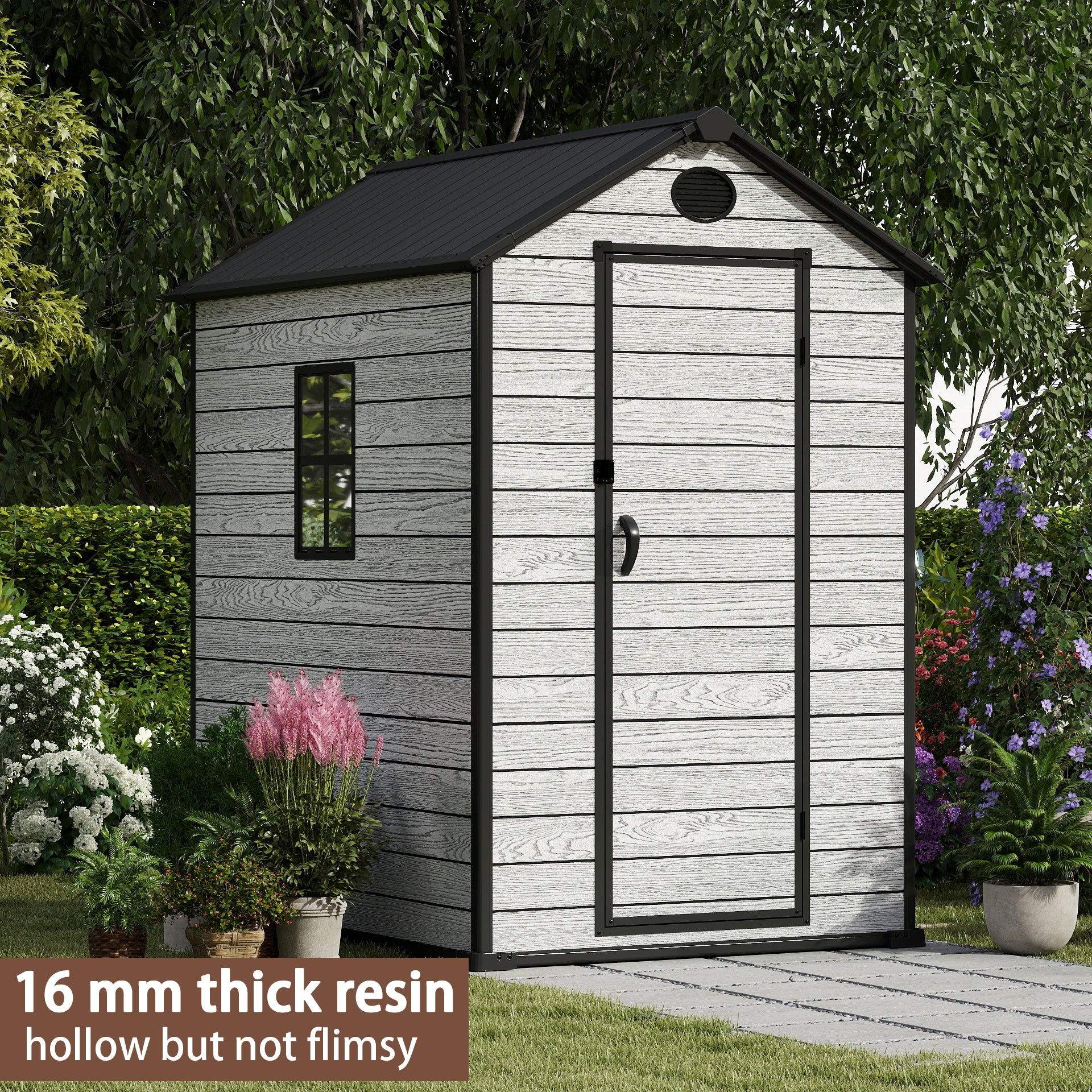 EHHLY 4x6 FT Resin Outdoor Storage Shed Large, 230 Cuft Garden Tool Sheds & Outdoor Storage Plastic Shed with Floor, 7FT Tall Backyard Outside Lawn Mower Storage Shed with Side Window, Cemented Grey