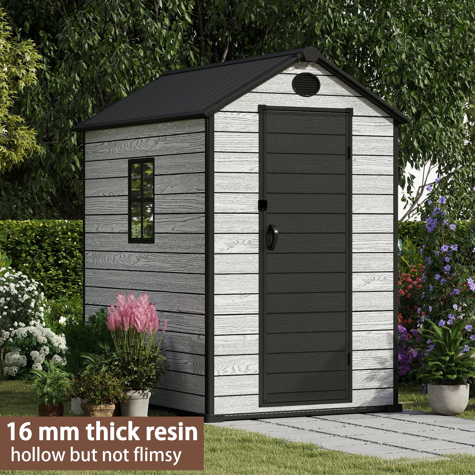 EHHLY 4x6 FT Resin Outdoor Storage Shed, 230 Cuft Garden Tool Sheds & Outdoor Storage Plastic Shed with Floor, 7FT Tall Backyard Outside Lawn Mower Storage Shed with Side Window, Cemented Grey Black