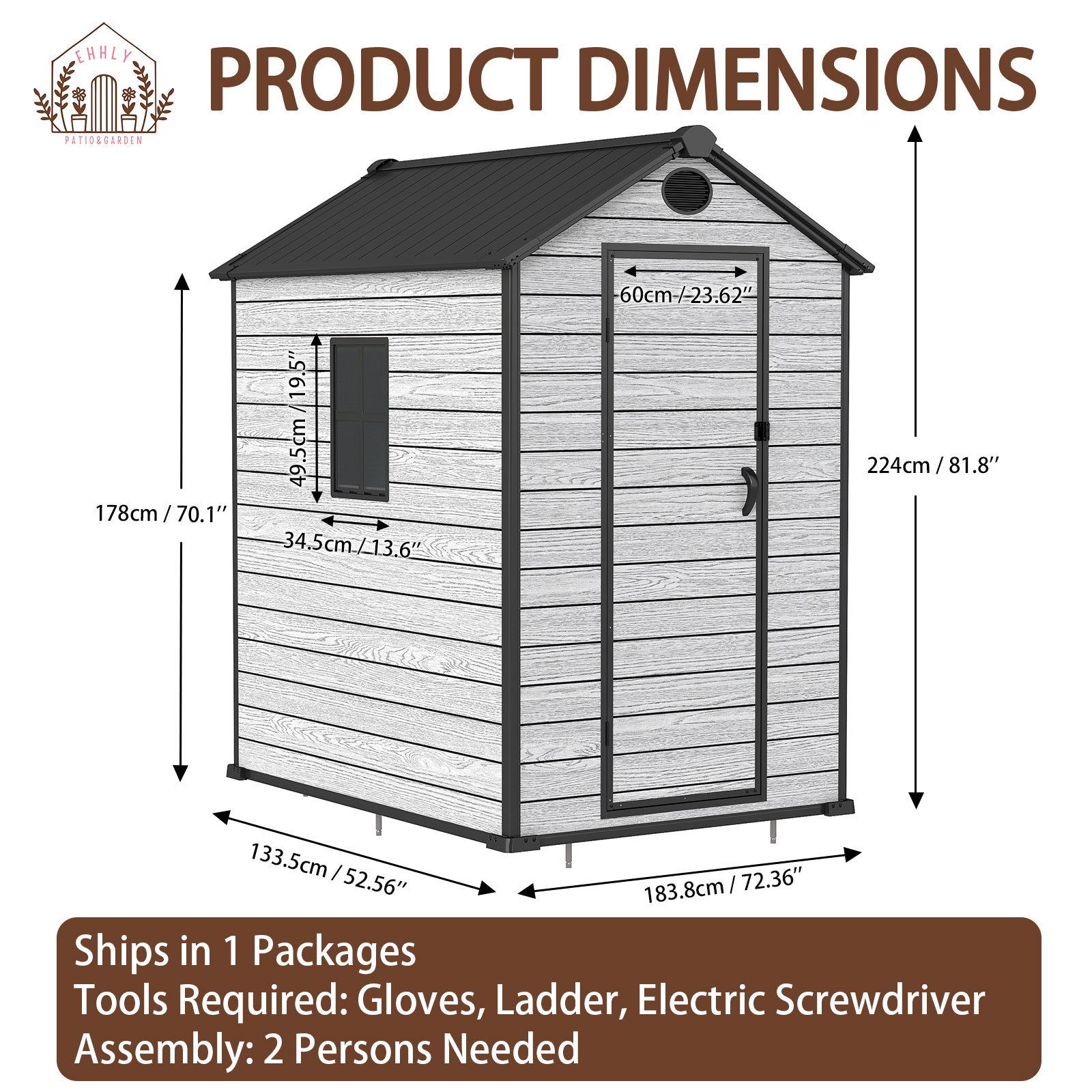 EHHLY 4x6 FT Resin Outdoor Storage Shed Large, 230 Cuft Garden Tool Sheds & Outdoor Storage Plastic Shed with Floor, 7FT Tall Backyard Outside Lawn Mower Storage Shed with Side Window, Cemented Grey
