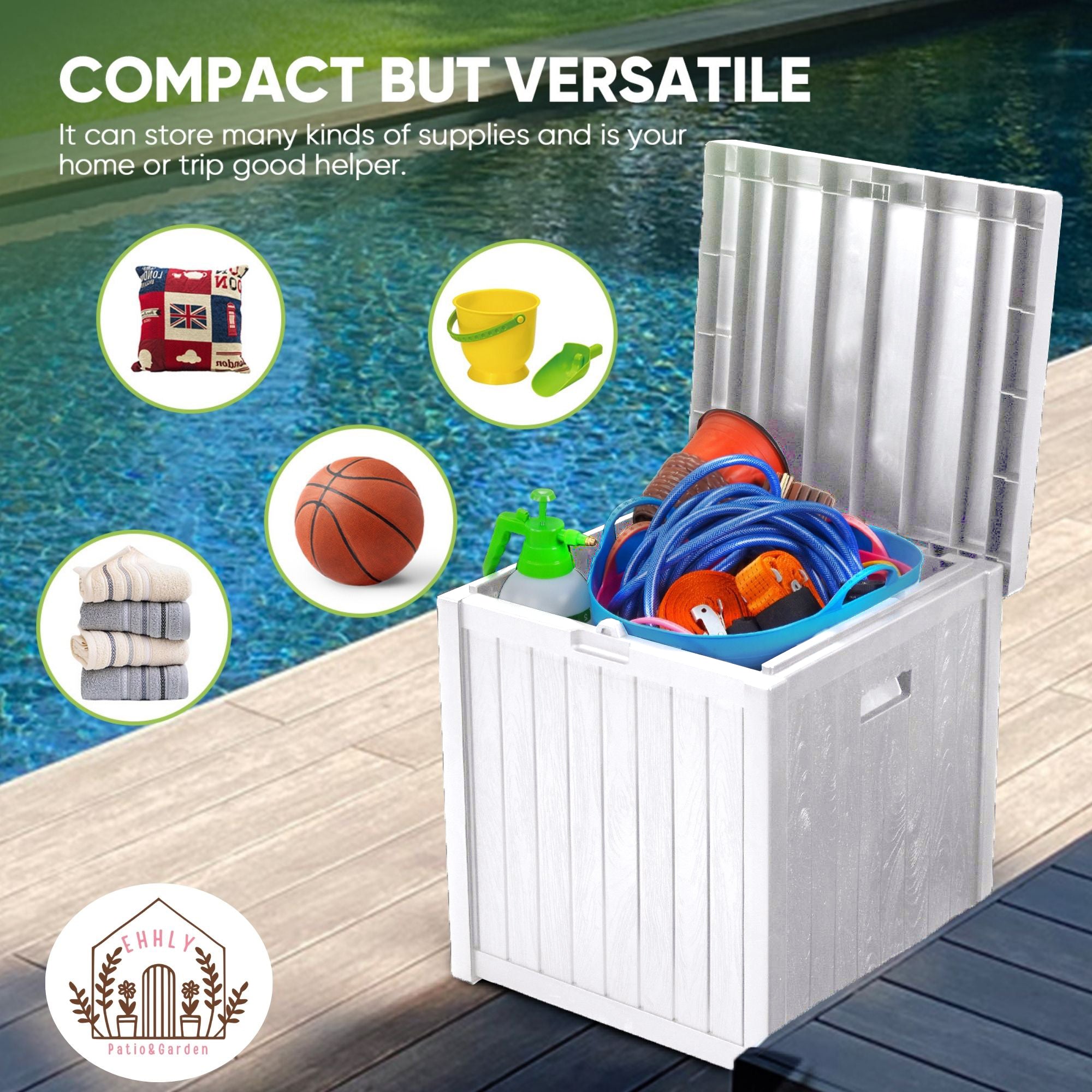 EHHLY Deck Box, 51 Gallon Front Porch Package Bin Delivery Box for Outside, Small Patio Outdoor Storage Boxes Waterproof, UV Resistant Plastic Resin Pool Storage Bins with lids, White