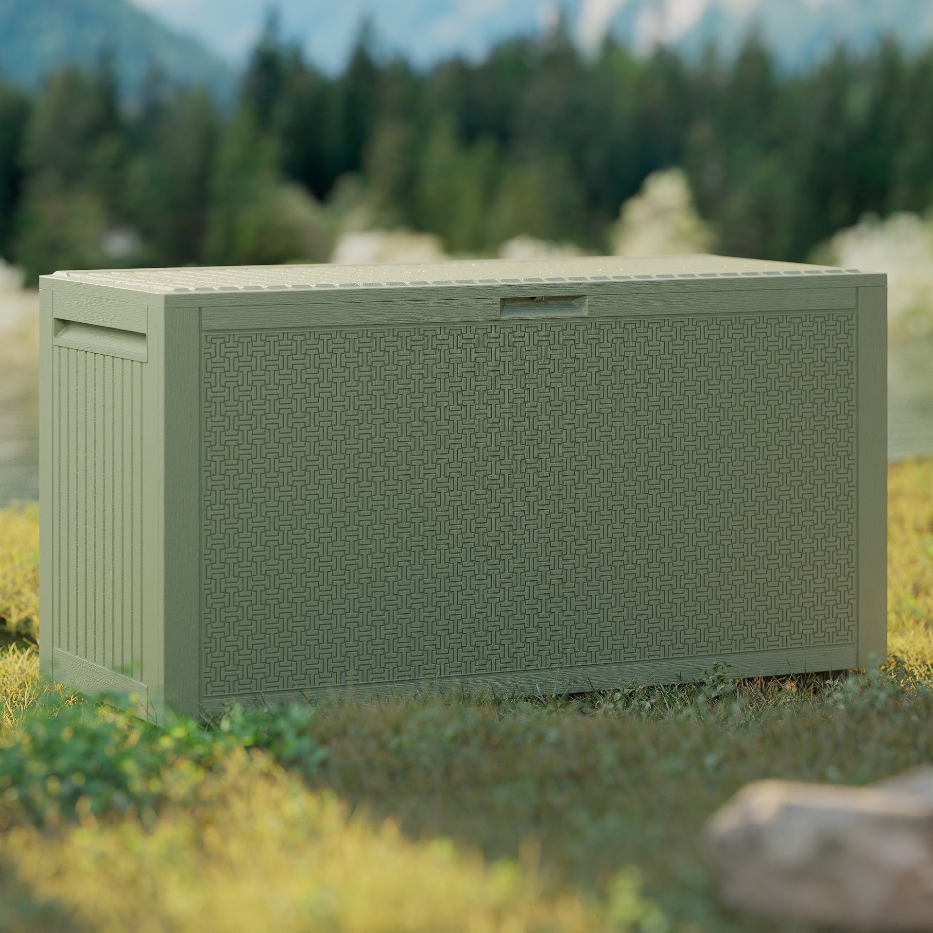 EHHLY 90 Gallon Outdoor Storage Box, Lockable Outside Storage Box Waterproof, Patio Cushions Deck Storage Boxes, Rattan Plastic Garden Hose Containers Resin Pool Storage Bins with lids, Sage Green