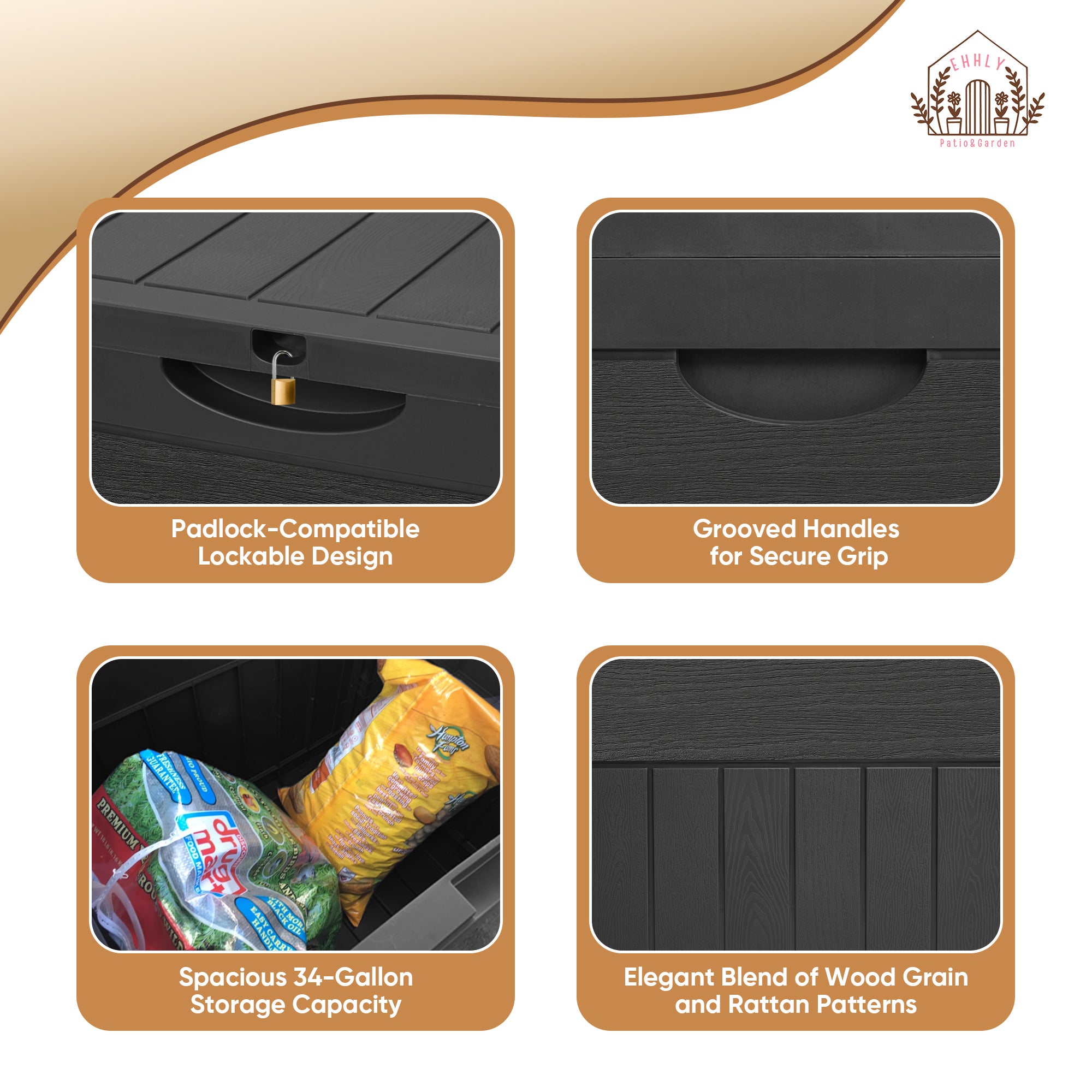 33 Gallon Outdoor Storage Box, Small Deck Box Waterproof, Lockable Secure Package Bin Delivery Box for Outside Front Porch, Patio Cushions Storage Box, Delivery Driver Snack Box for Porch, Black/Wood